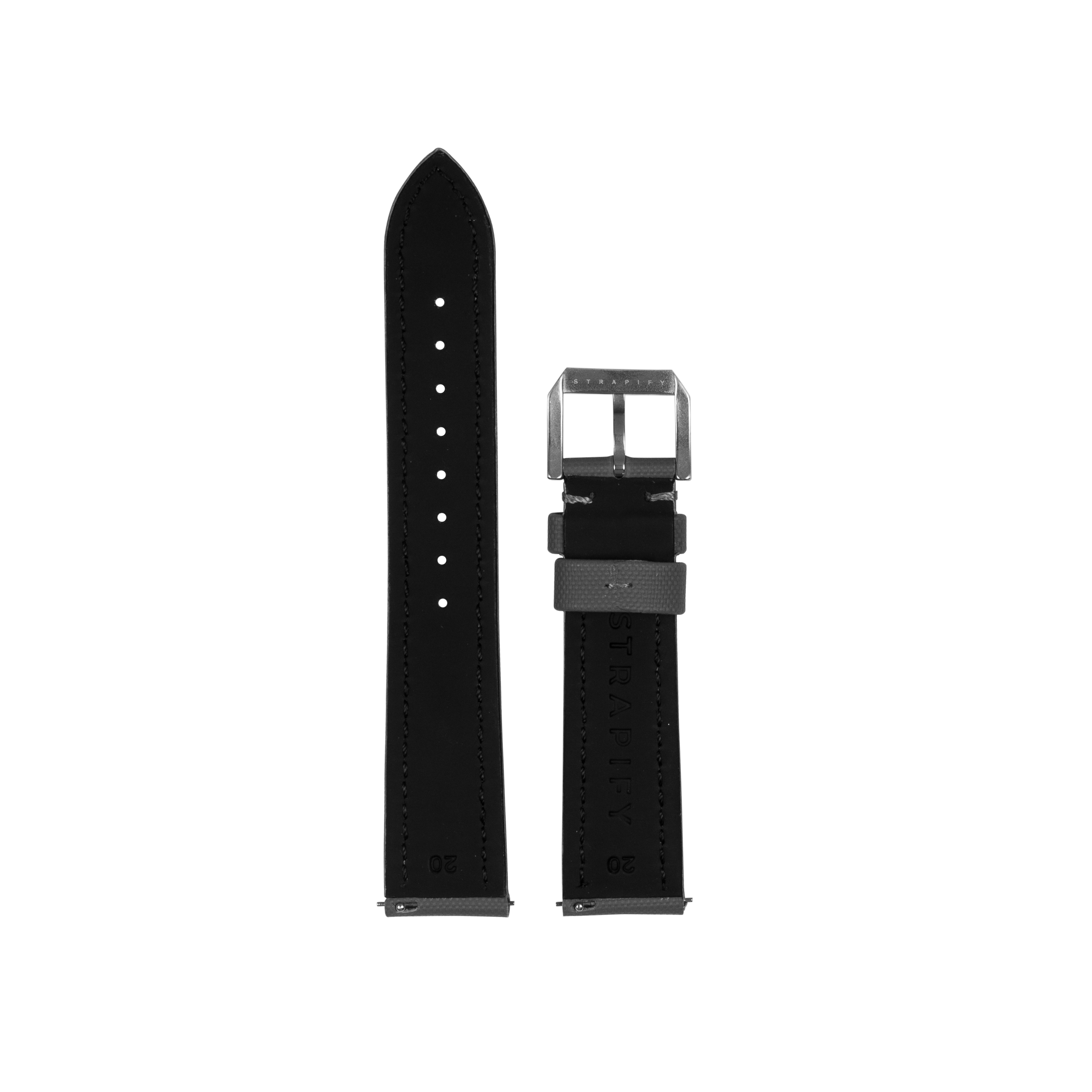 Black sailcloth watch strap with quick release mechanism and gunmetal buckle, shown assembled and disassembled