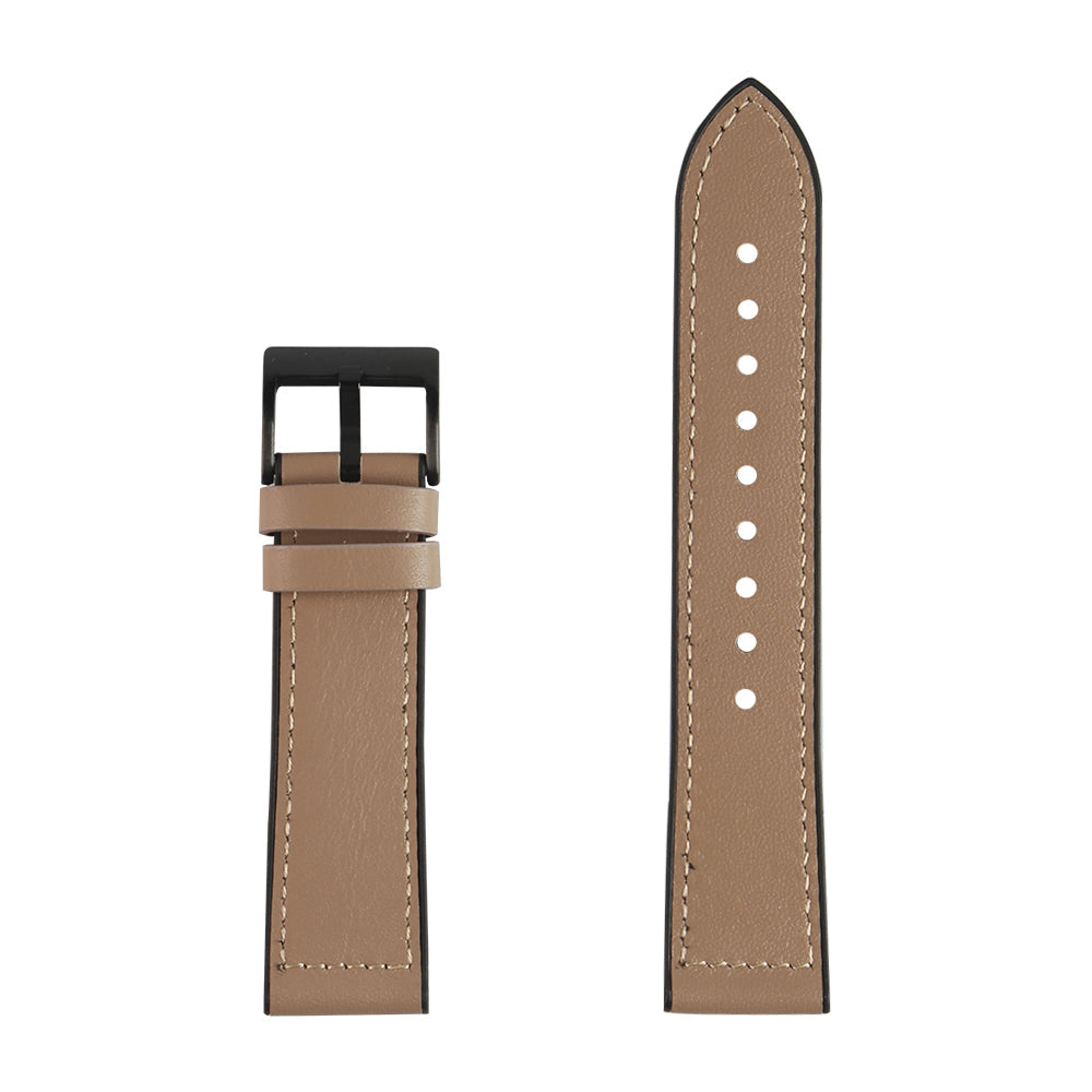 Tan leather quick release watch band with black buckle and white contrast stitching, shown assembled and disassembled