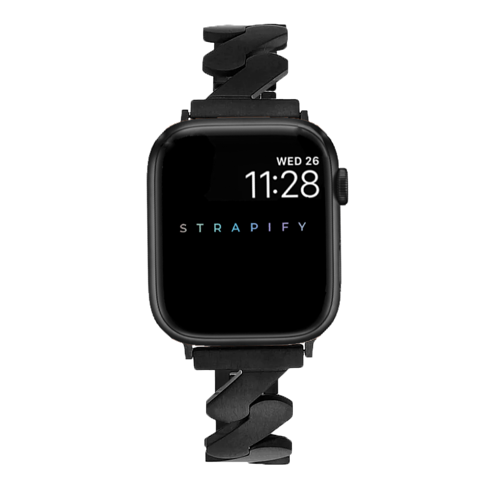 Black stainless steel smartwatch with jagged link bracelet band and digital display showing time