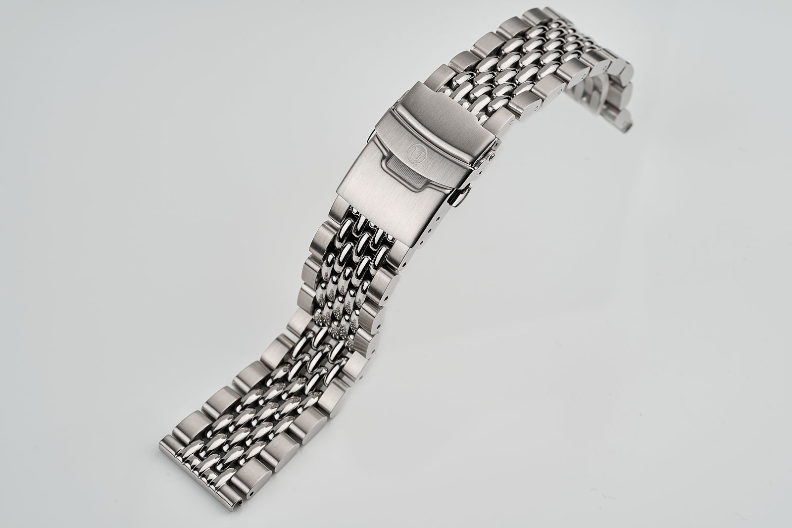 Stainless steel beads of rice watch bracelet with straight end lugs and fold-over safety clasp in 18mm, 20mm, 22mm sizes