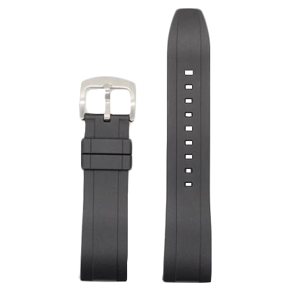 QuickFit Kingston black FKM rubber watch strap 26mm with silver buckle, shown assembled and unattached