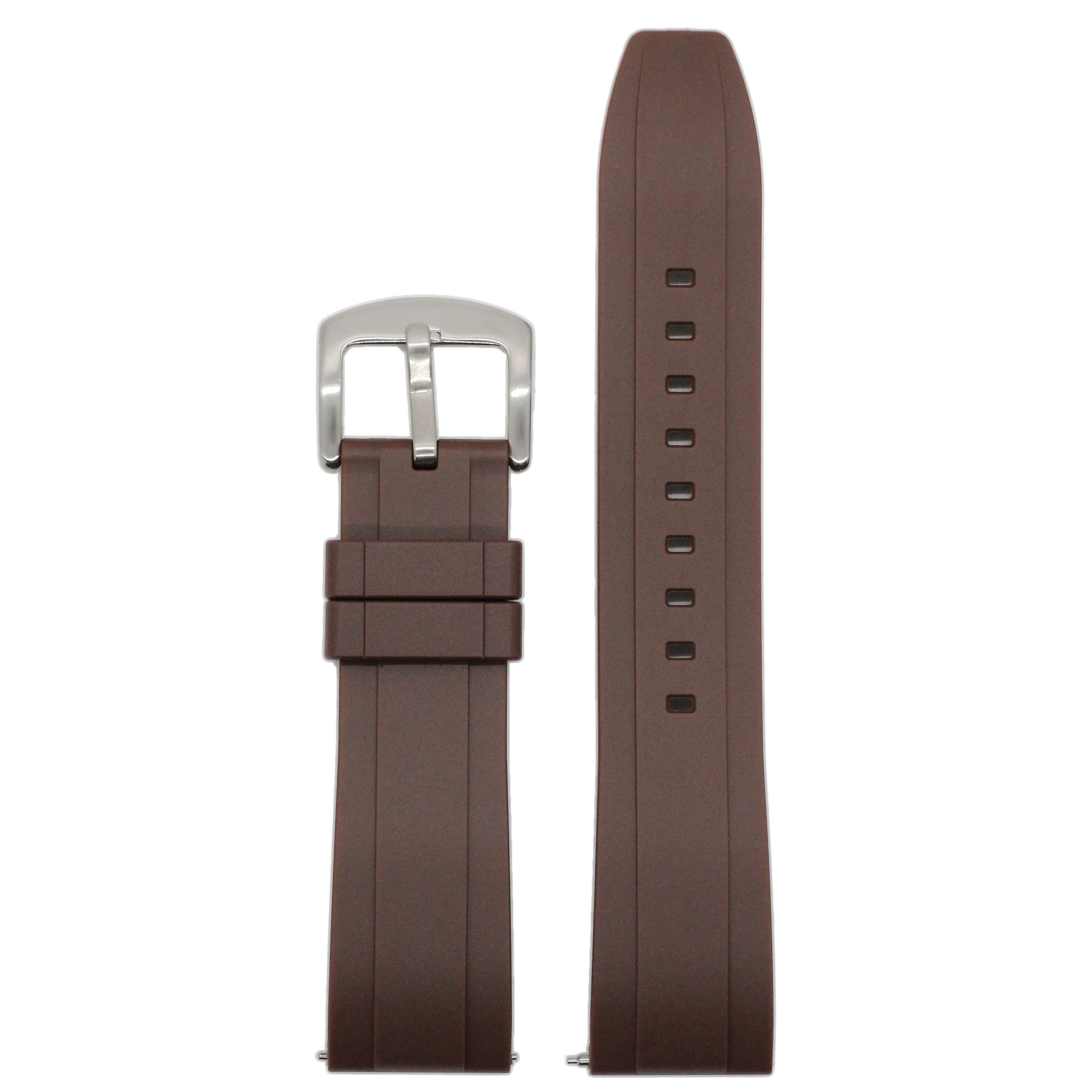 Brown FKM rubber watch band 26mm with quick-fit system and silver stainless steel buckle