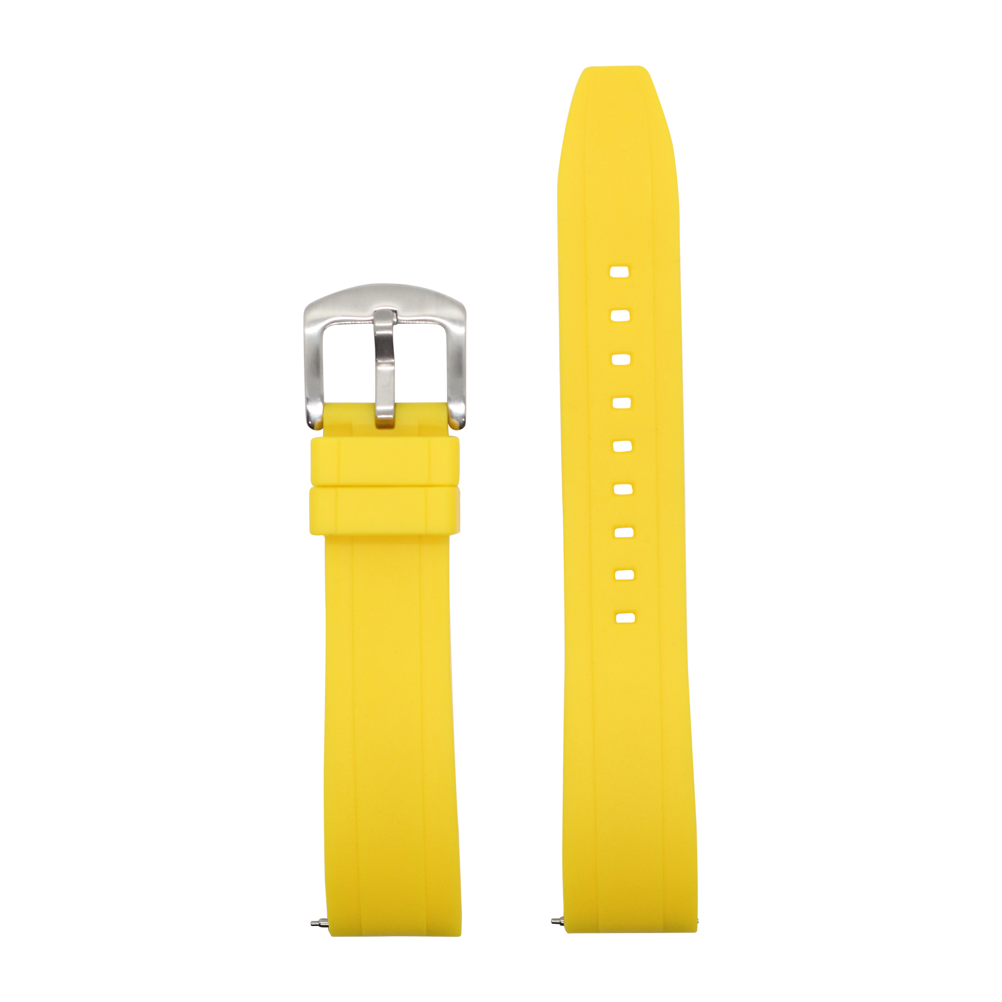 Yellow quick release FKM rubber watch strap with silver buckle and adjustment holes