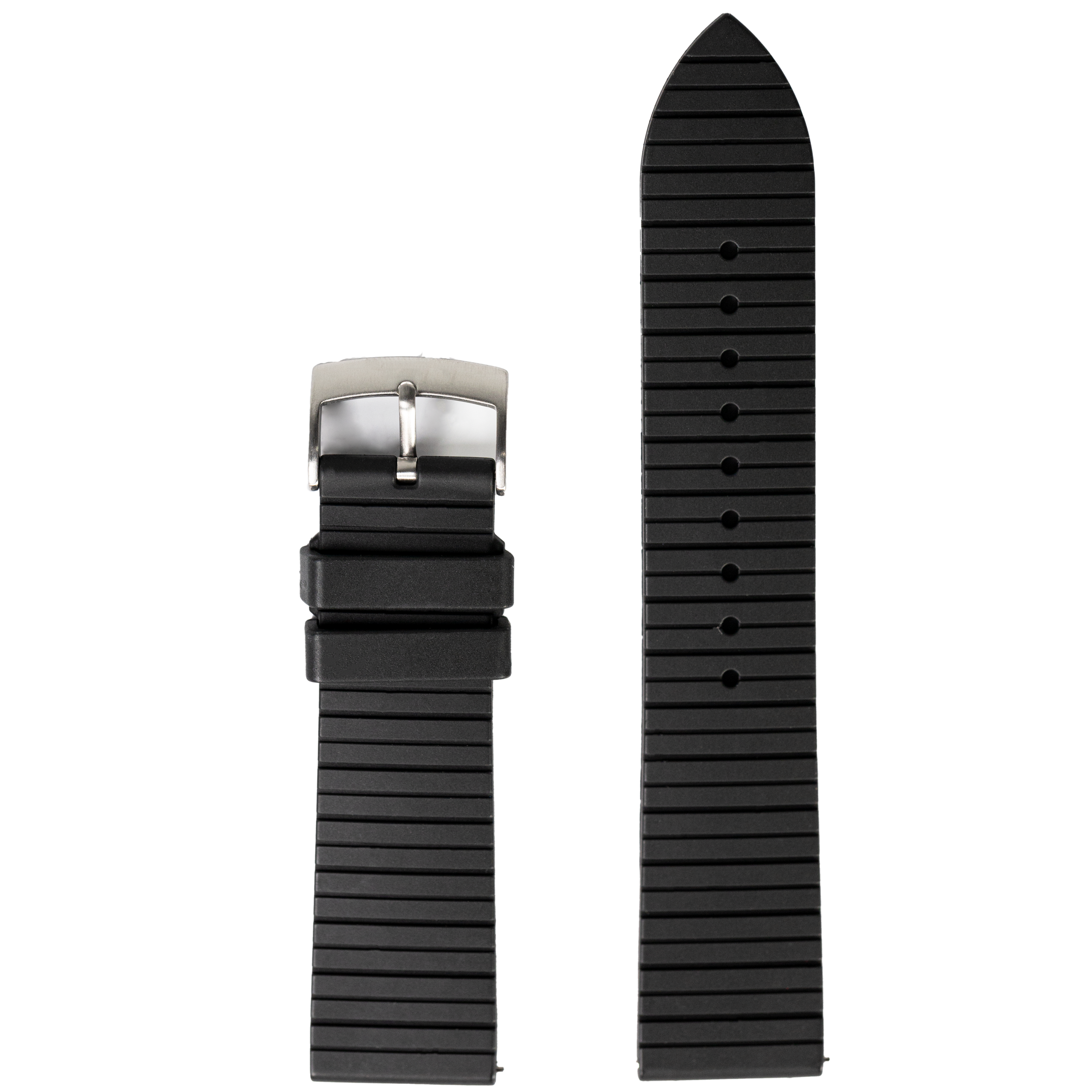 Black rubber watch band with quick release spring bars and metal buckle fastener