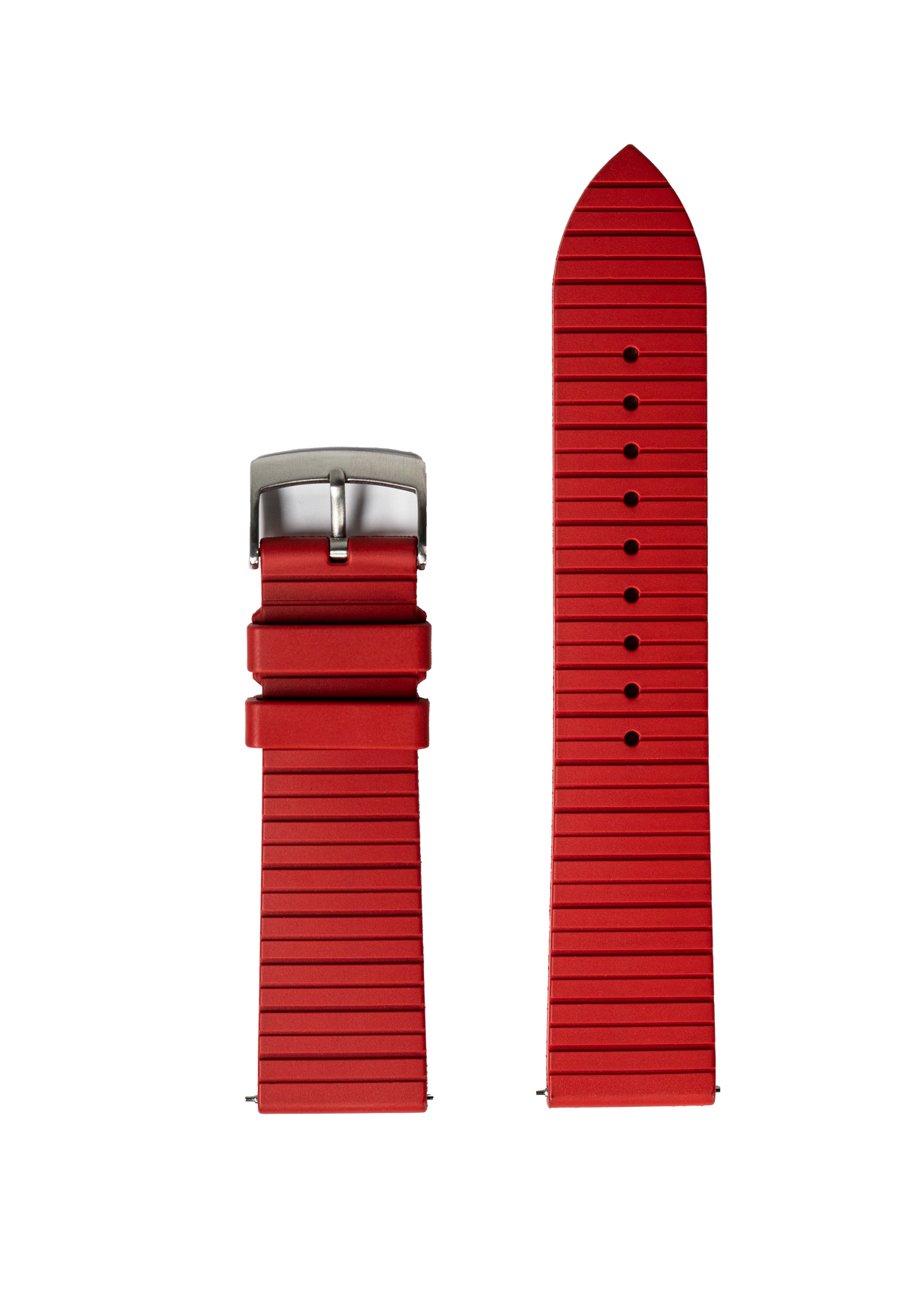 Red FKM rubber watch band with horizontal stripe texture, silver buckle, and interchangeable design for Galaxy Watch models