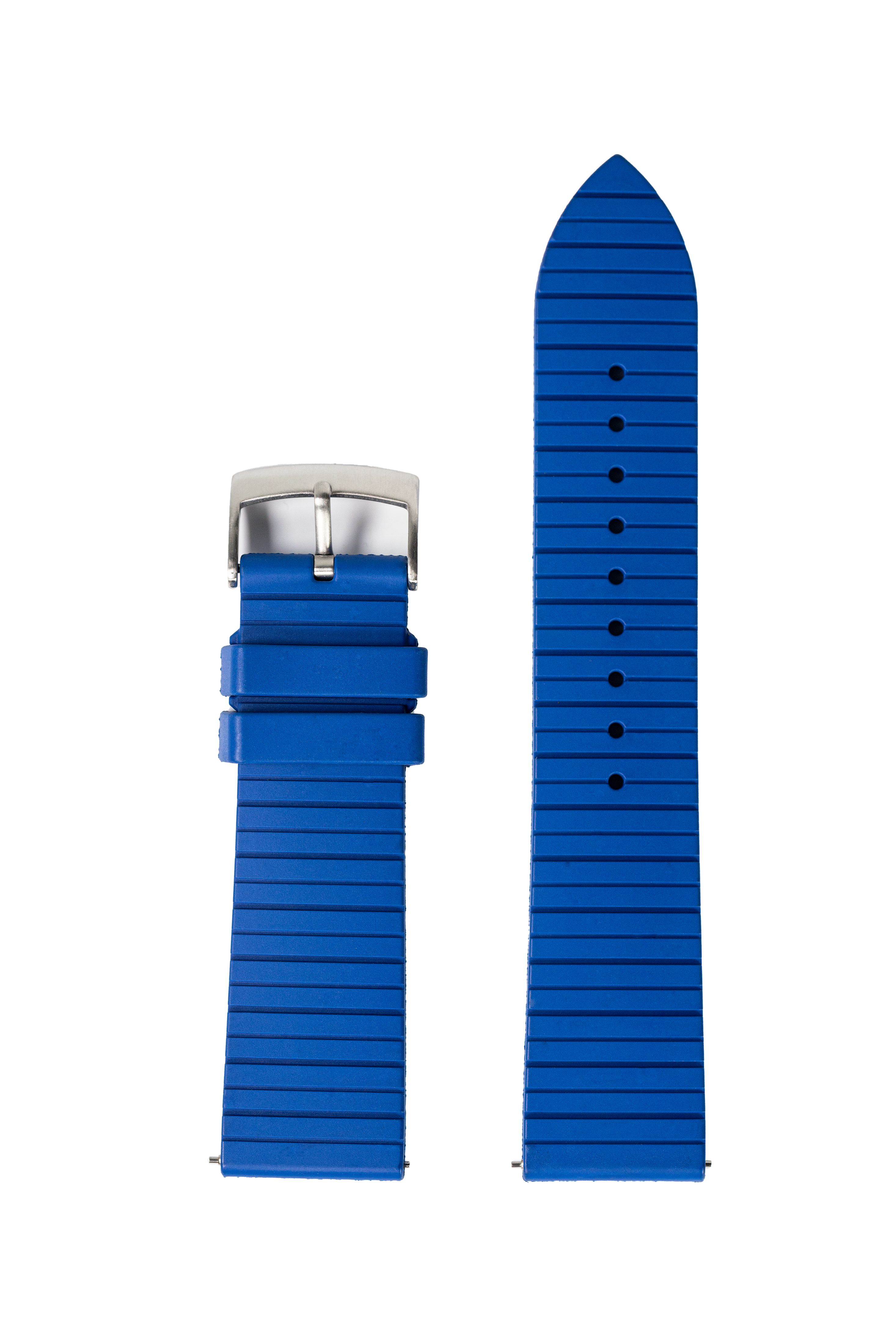 Blue rubber watch strap with quick release pins and brushed steel buckle, shown assembled and unassembled