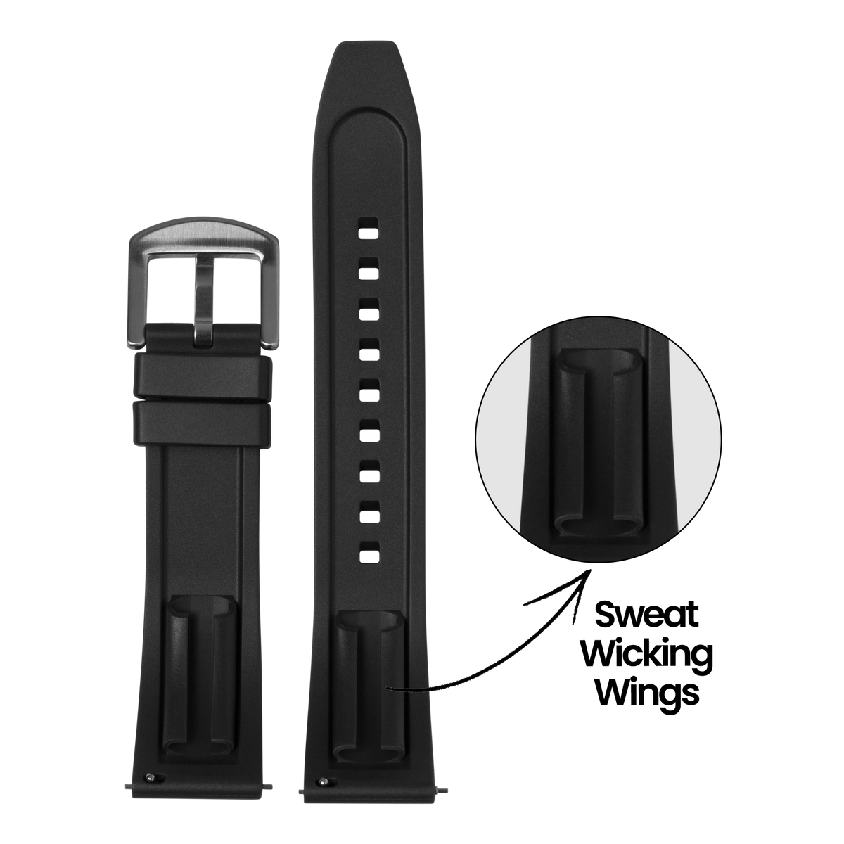 Black FKM rubber watch band with metal buckle and sweat-wicking wings, shown with detailed close-up of moisture-management channels