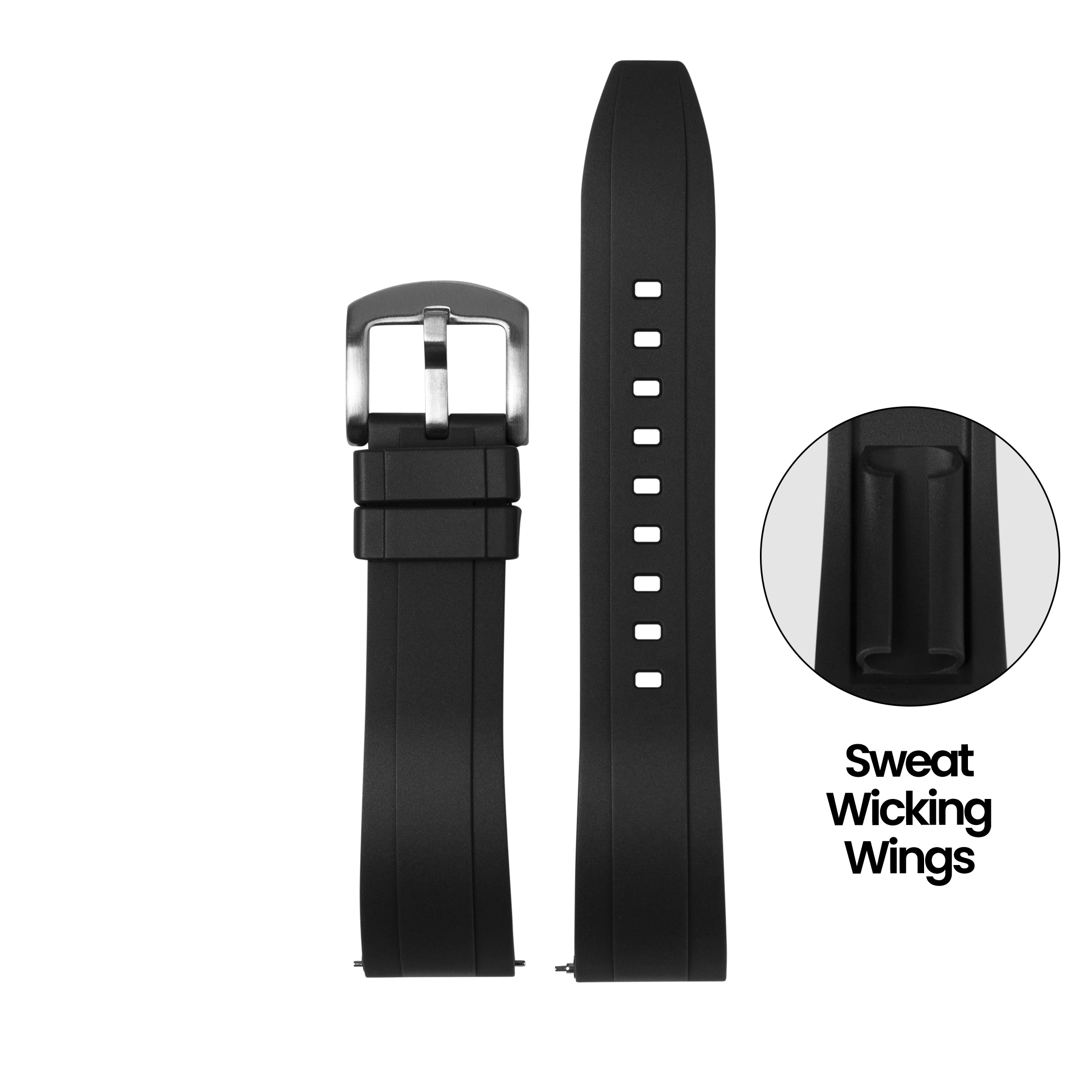 Black rubber watch band with quick release pins, silver buckle, and sweat-wicking wings for sports watches