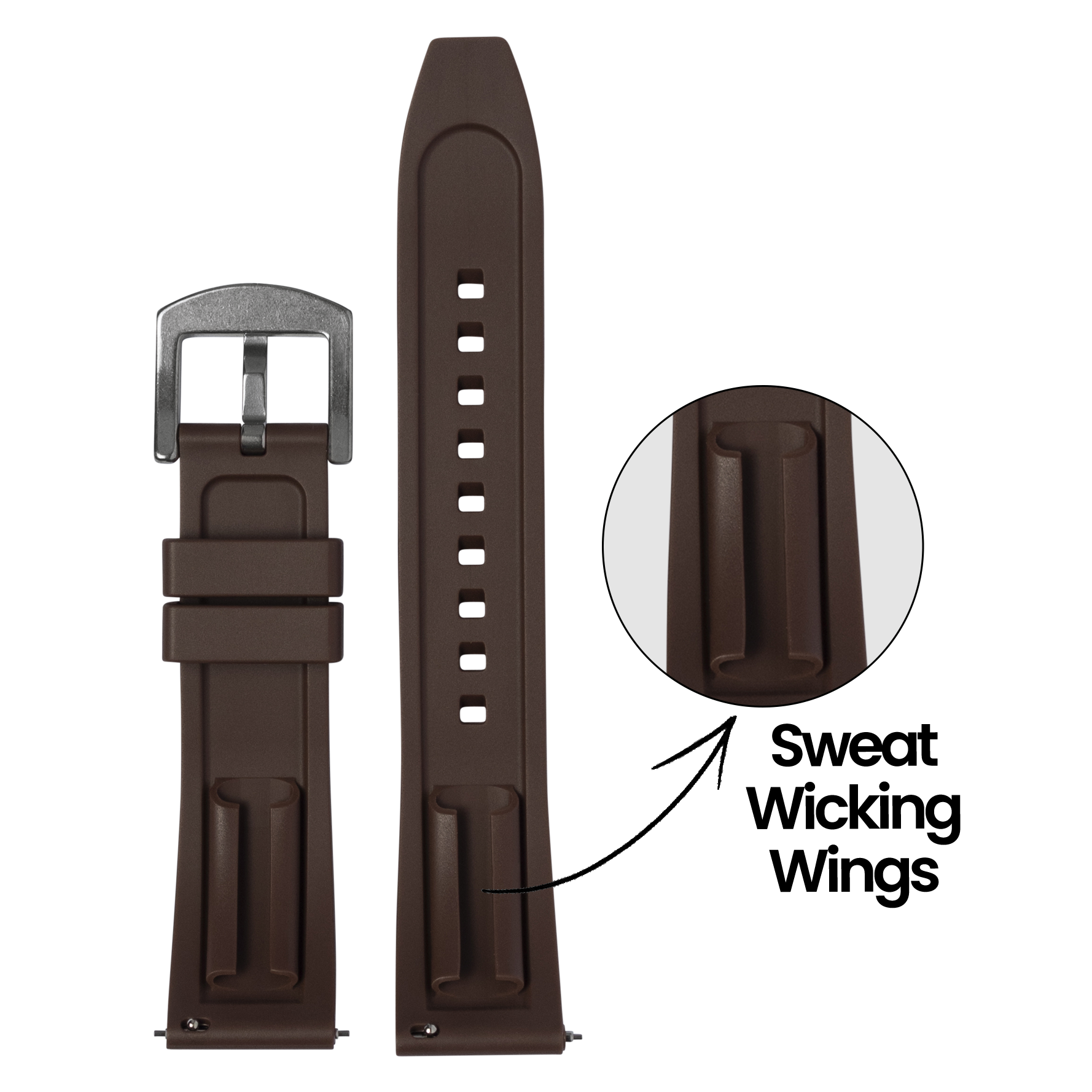Brown FKM rubber quick release watch band with silver buckle and sweat wicking wings detail view