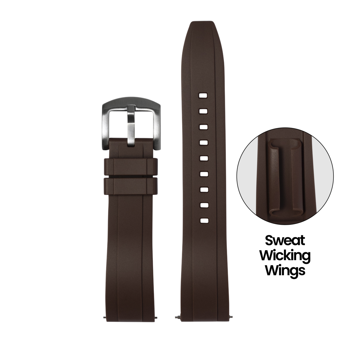 Brown FKM rubber smartwatch band with stainless steel buckle, sweat-wicking wing grooves, and adjustable pin holes for Galaxy Watch 8 and Ultra models
