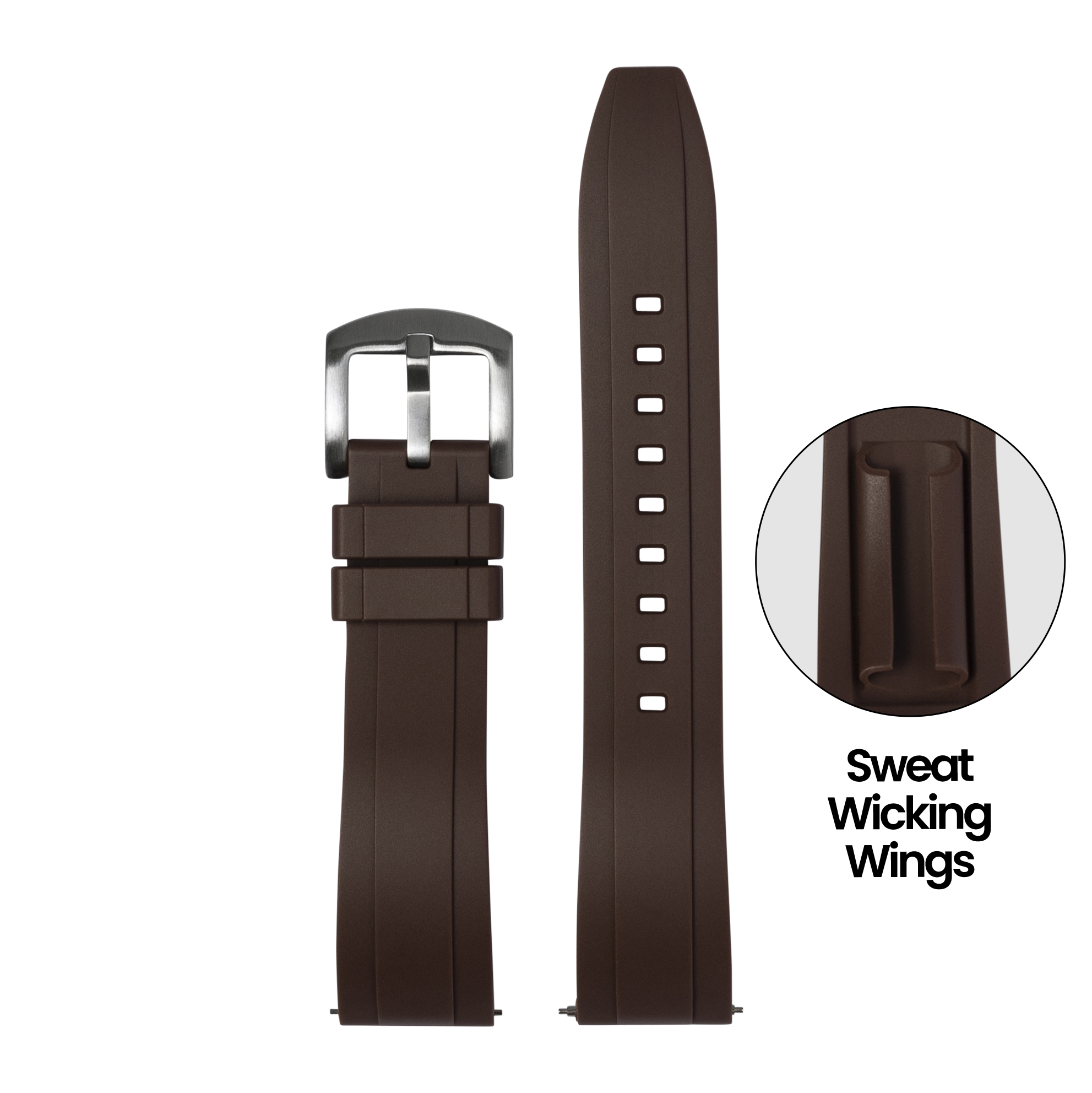 Brown FKM rubber quick release watch band with sweat wicking wings and stainless steel buckle