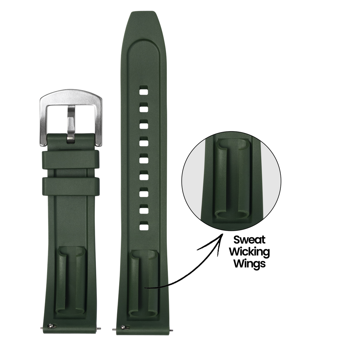 Forest green silicone watch band with sweat-wicking wings and stainless steel buckle for Apple Watch