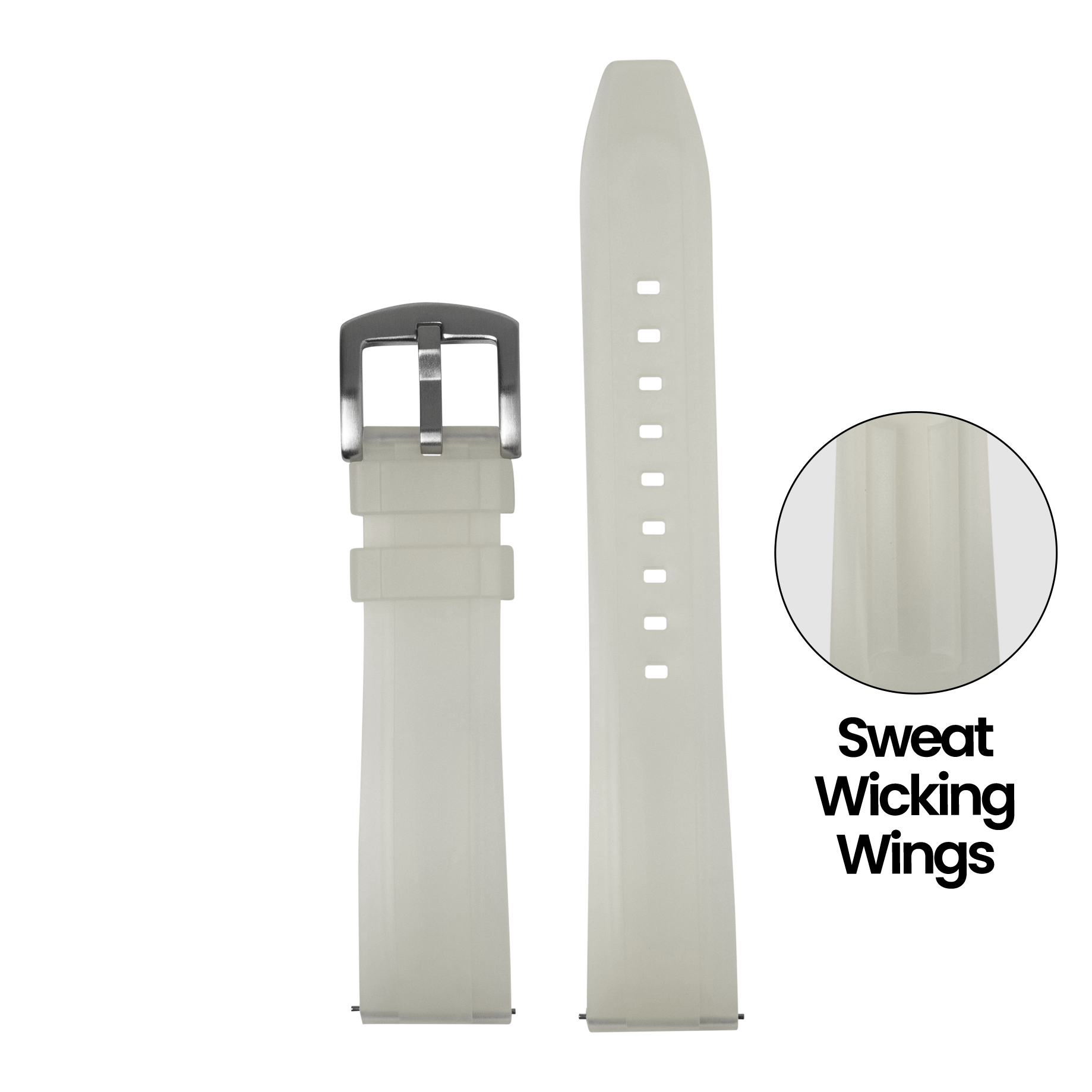 QuickFit Kingston FKM rubber watch band in jellyfish white 26mm with sweat wicking wings and stainless steel buckle