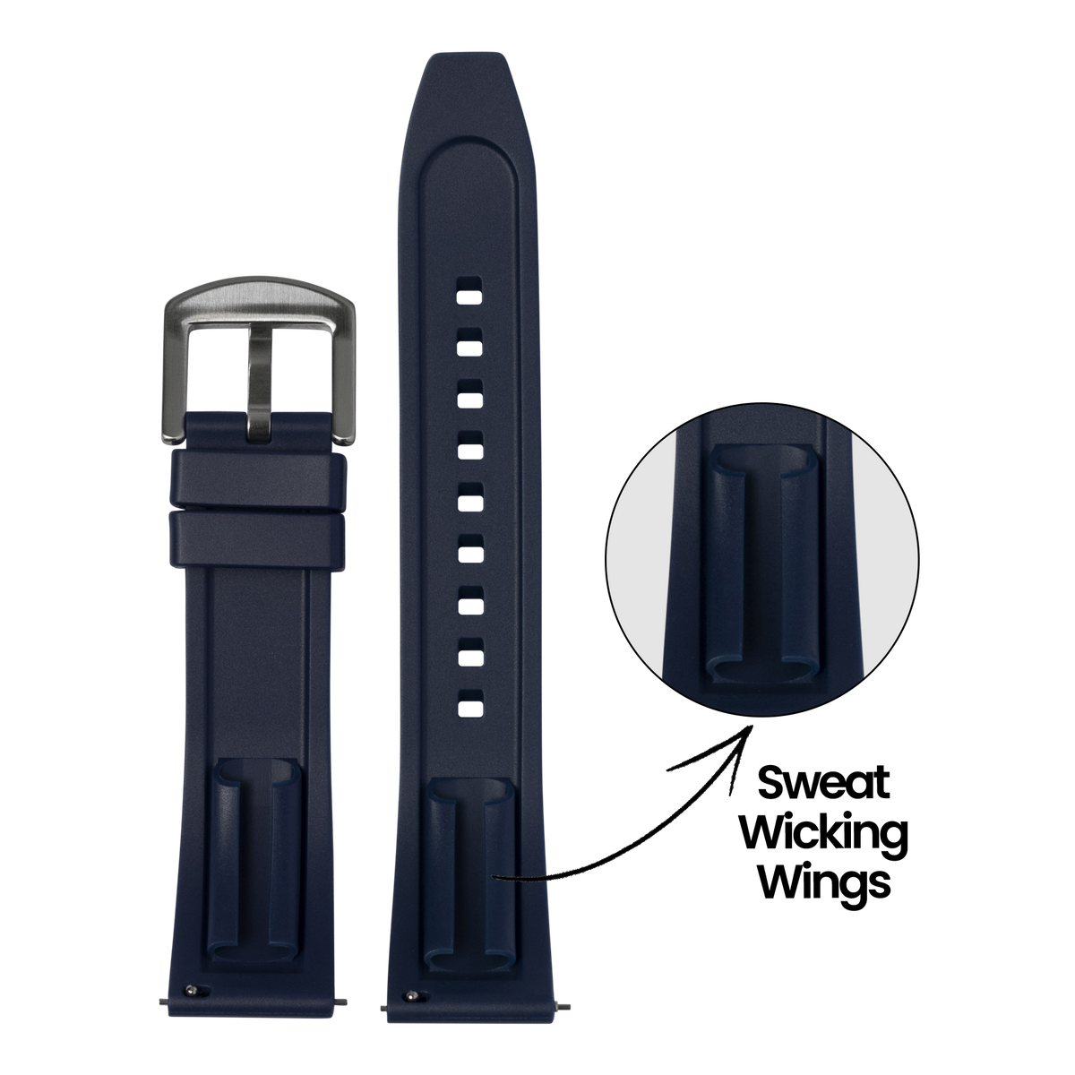 Navy blue rubber watch band with stainless steel buckle and sweat-wicking wings, shown assembled and disassembled with detail callout