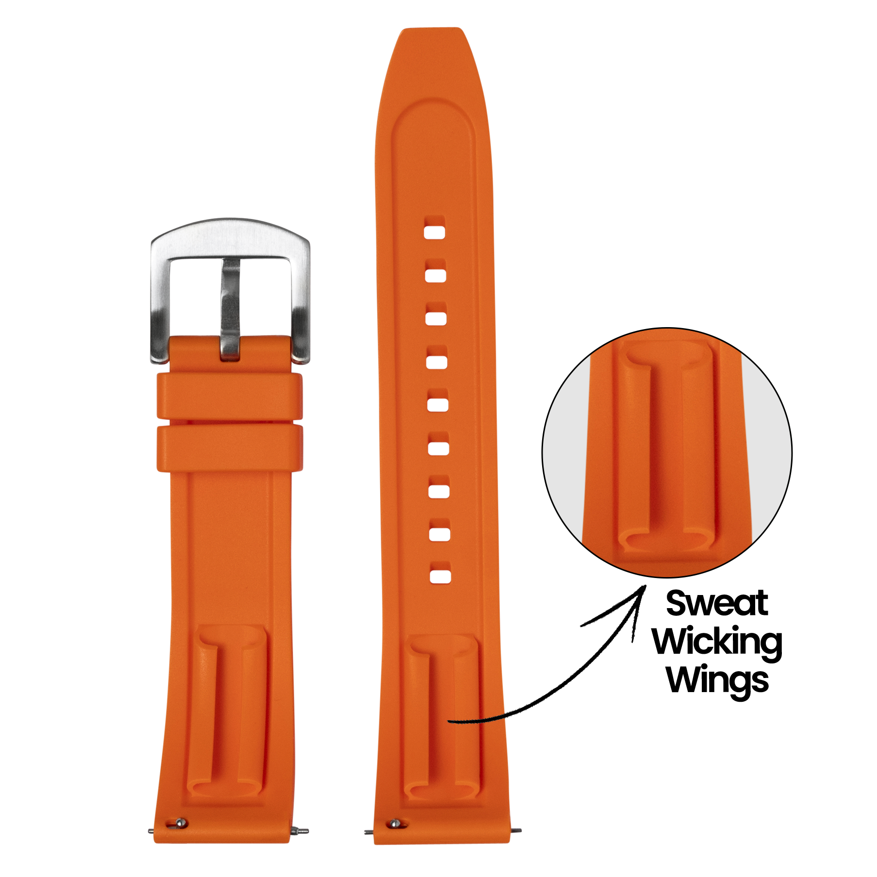 Orange silicone watch band with quick release pins and sweat-wicking wings, shown full length and detailed close-up