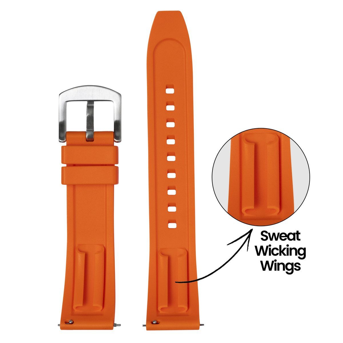Bright orange FKM rubber smartwatch band with metal buckle, featuring sweat-wicking wings design and adjustable studs
