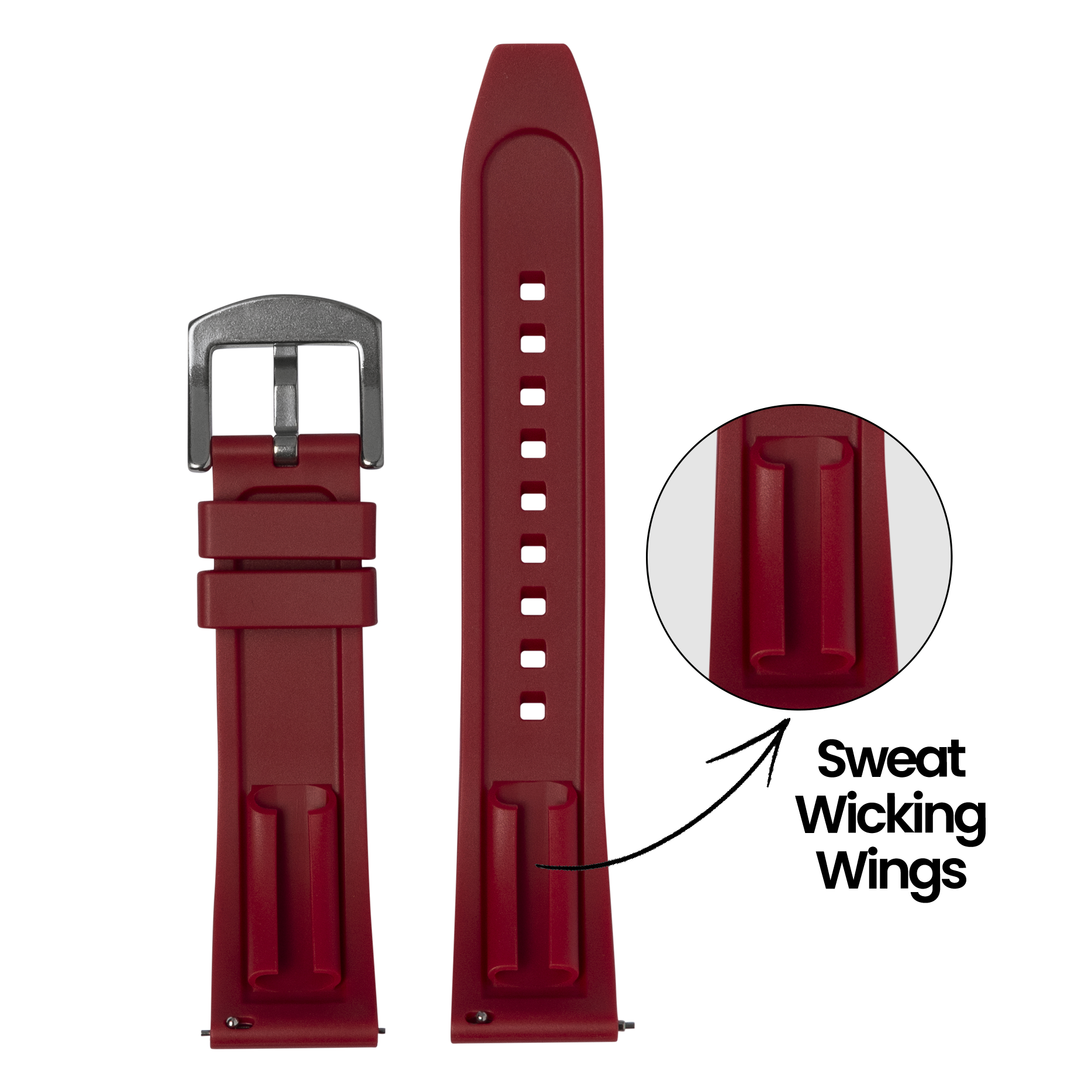 Quick Release Kingston FKM rubber watch band in red with sweat wicking wings and stainless steel buckle