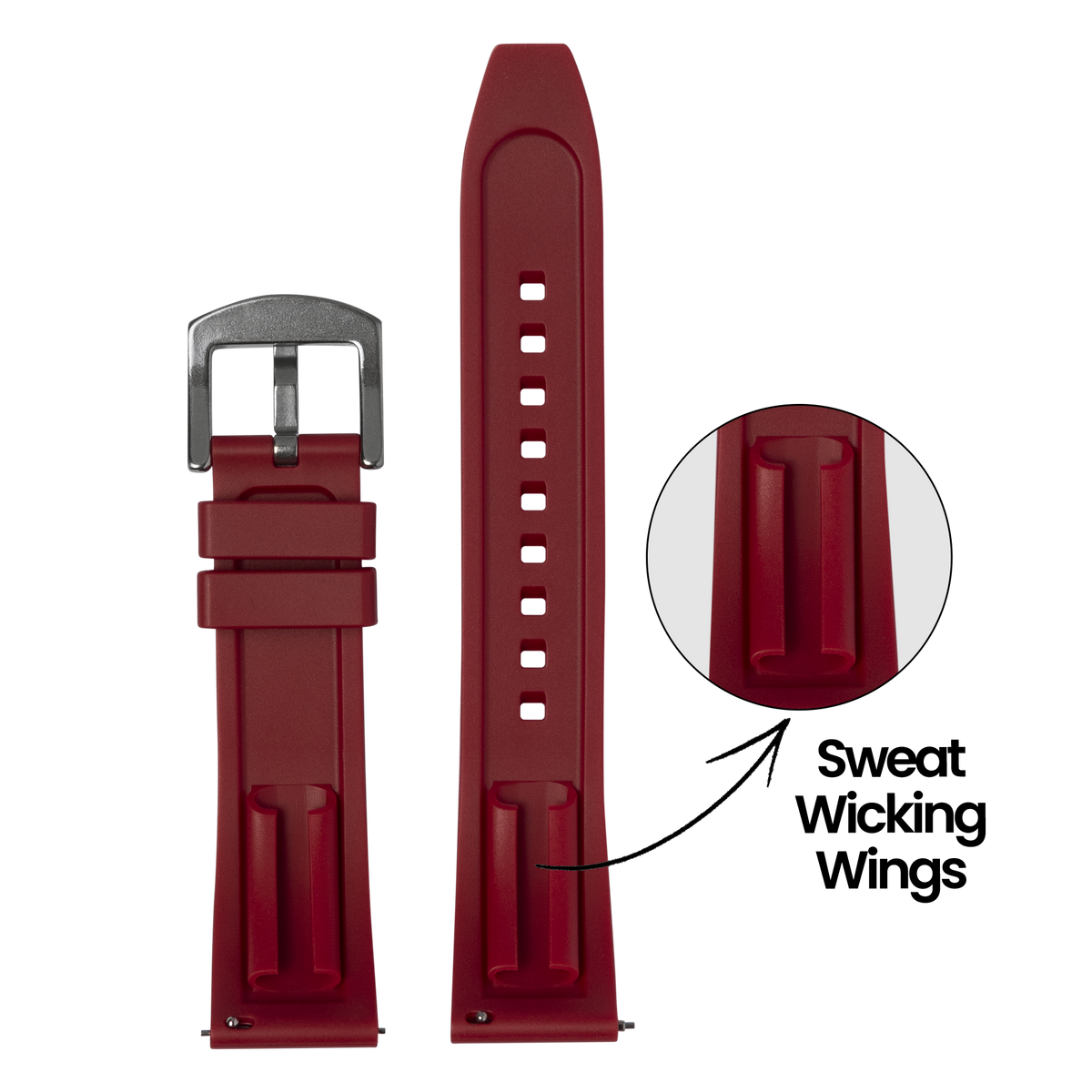 Burgundy FKM rubber Apple Watch band with sweat-wicking wings, stainless steel buckle, and ventilation holes shown full and close-up