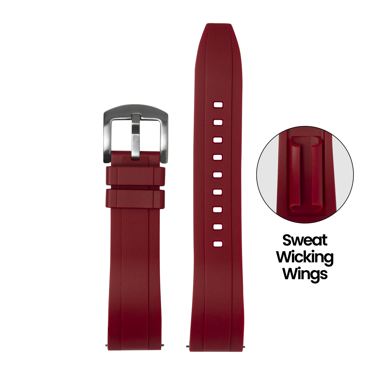 Burgundy silicone Apple Watch band with sweat-wicking wings, stainless steel buckle, and perforated strap design
