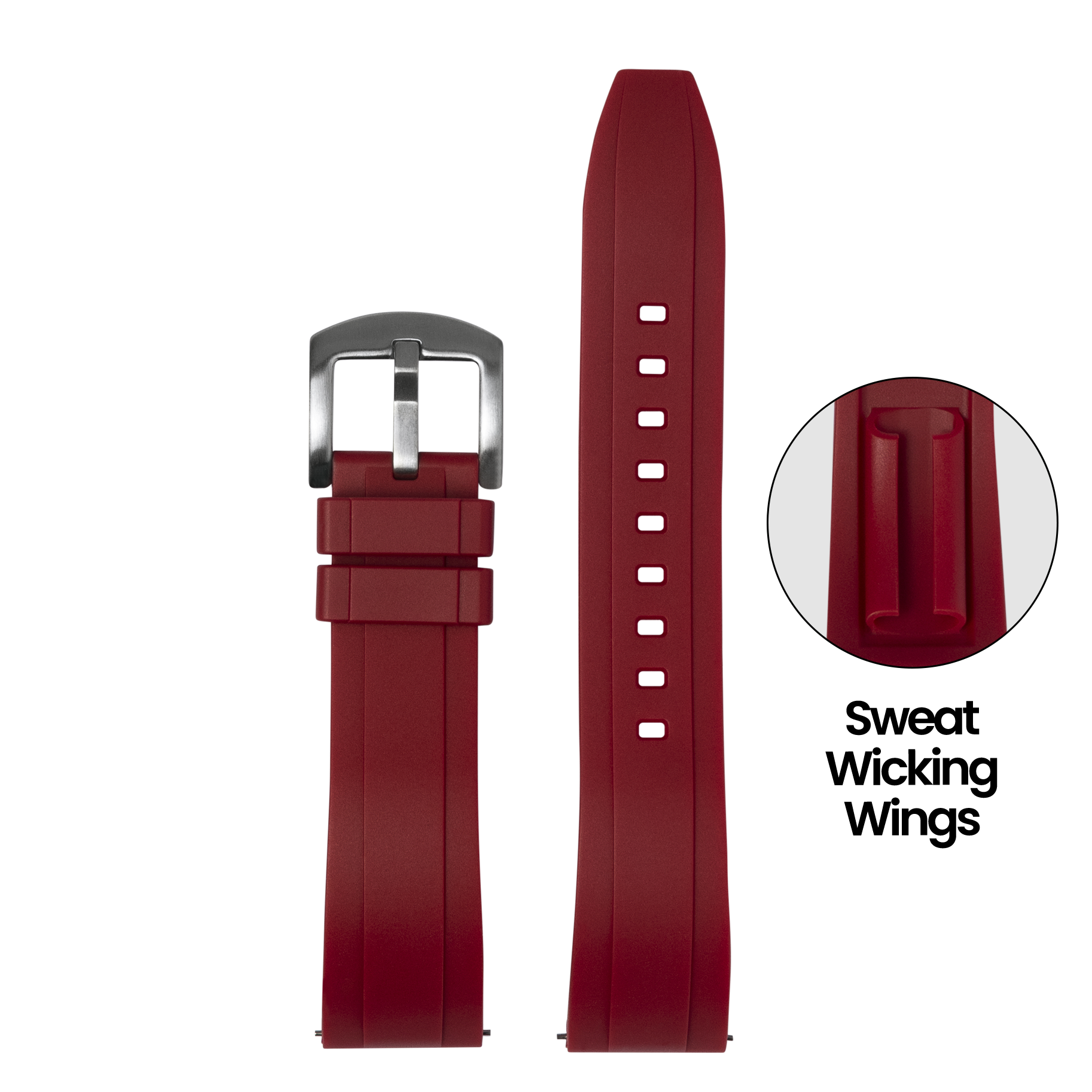 QuickFit Kingston FKM rubber watch strap in red 26mm with sweat wicking wings and stainless steel buckle