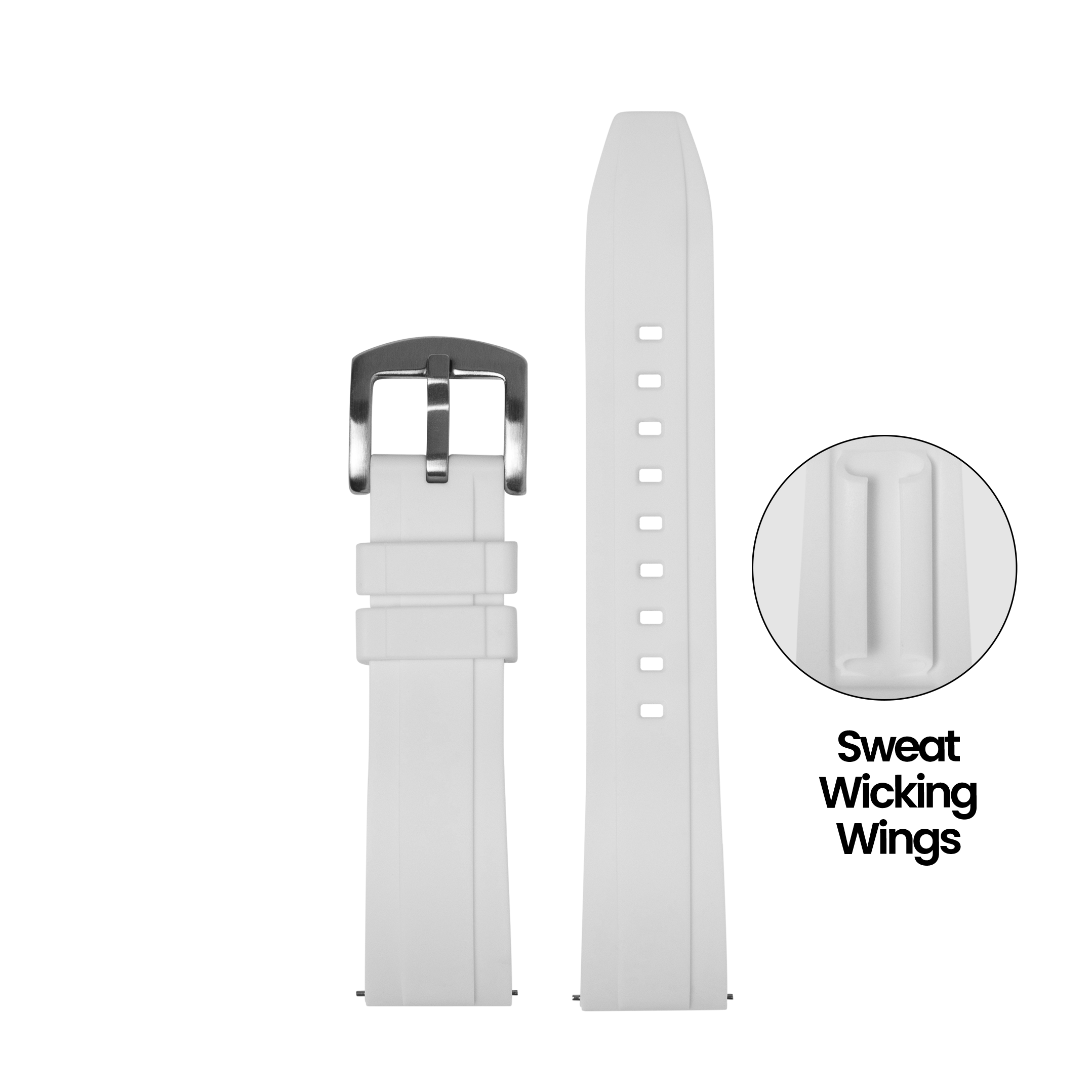White FKM rubber watch strap with sweat wicking wings and silver buckle, 26mm QuickFit Kingston band