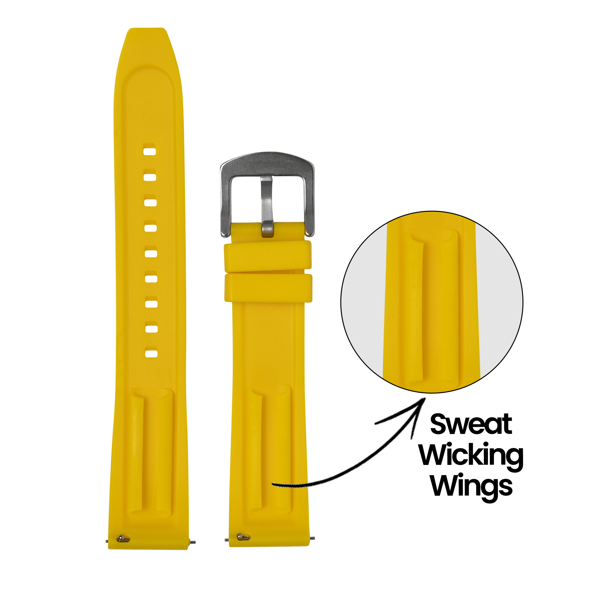 Yellow silicone watch band with quick release pins, gunmetal buckle, and sweat wicking wings design