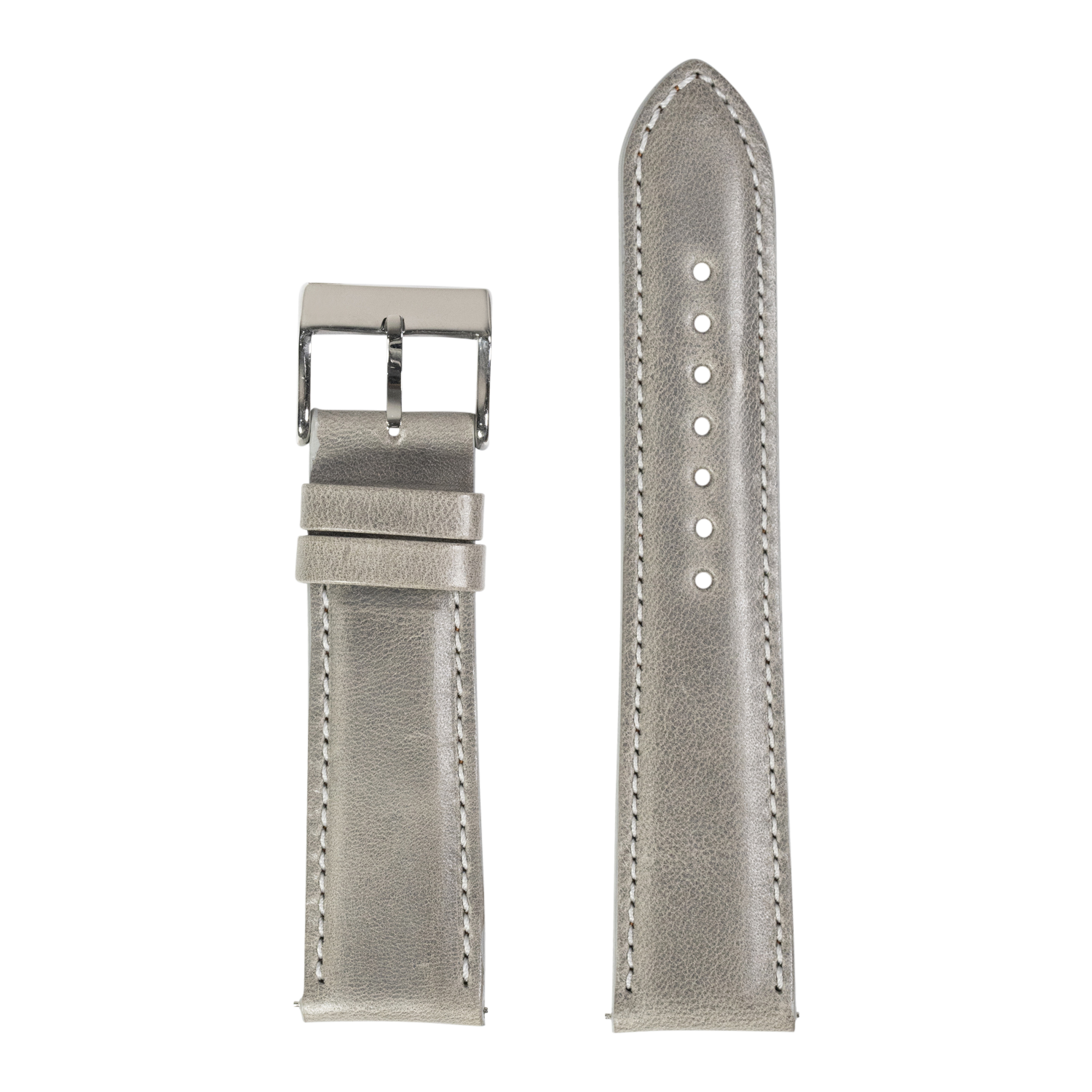 Grey padded leather QuickFit watch strap with stainless steel buckle, 20mm width, white stitching detail