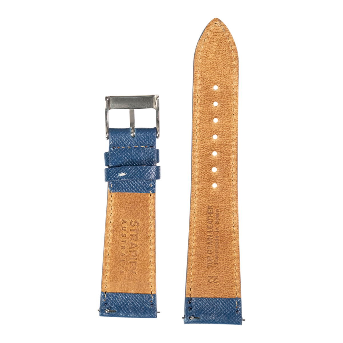 Tan and blue saffiano leather watch band with metal buckle, showing front and back views with white stitching details