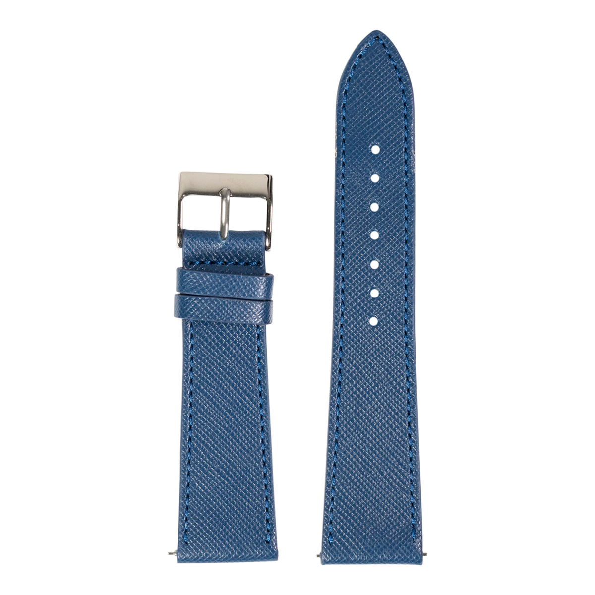 Blue saffiano leather watch band with silver buckle for Fitbit Versa and Sense smartwatches, shown assembled and unattached