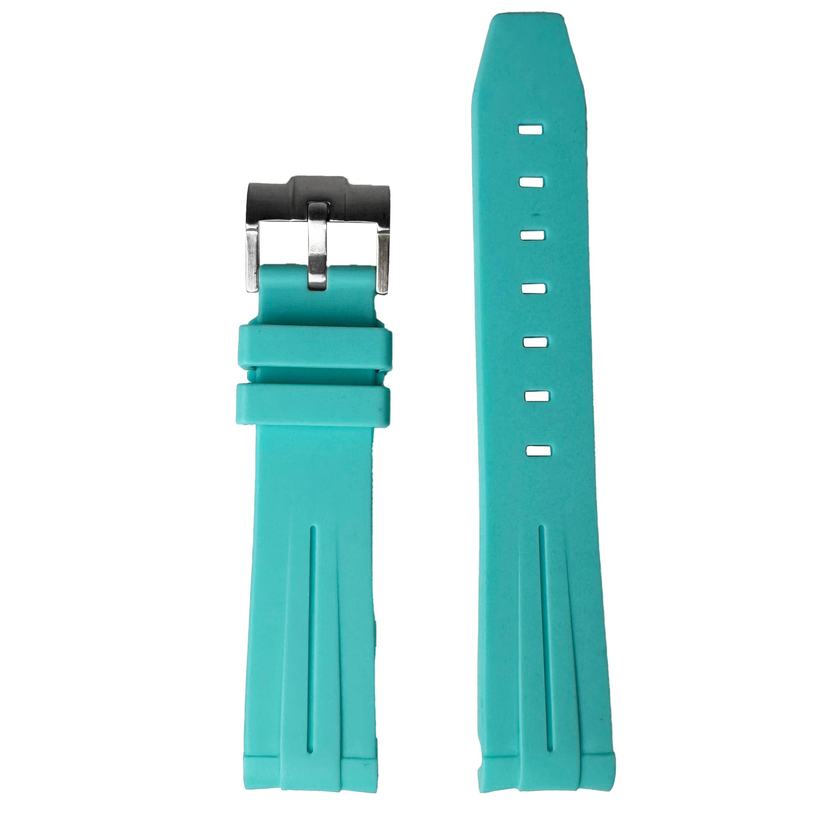 Turquoise rubber watch strap with curved lug ends, metal buckle, and adjustment holes displayed flat and assembled
