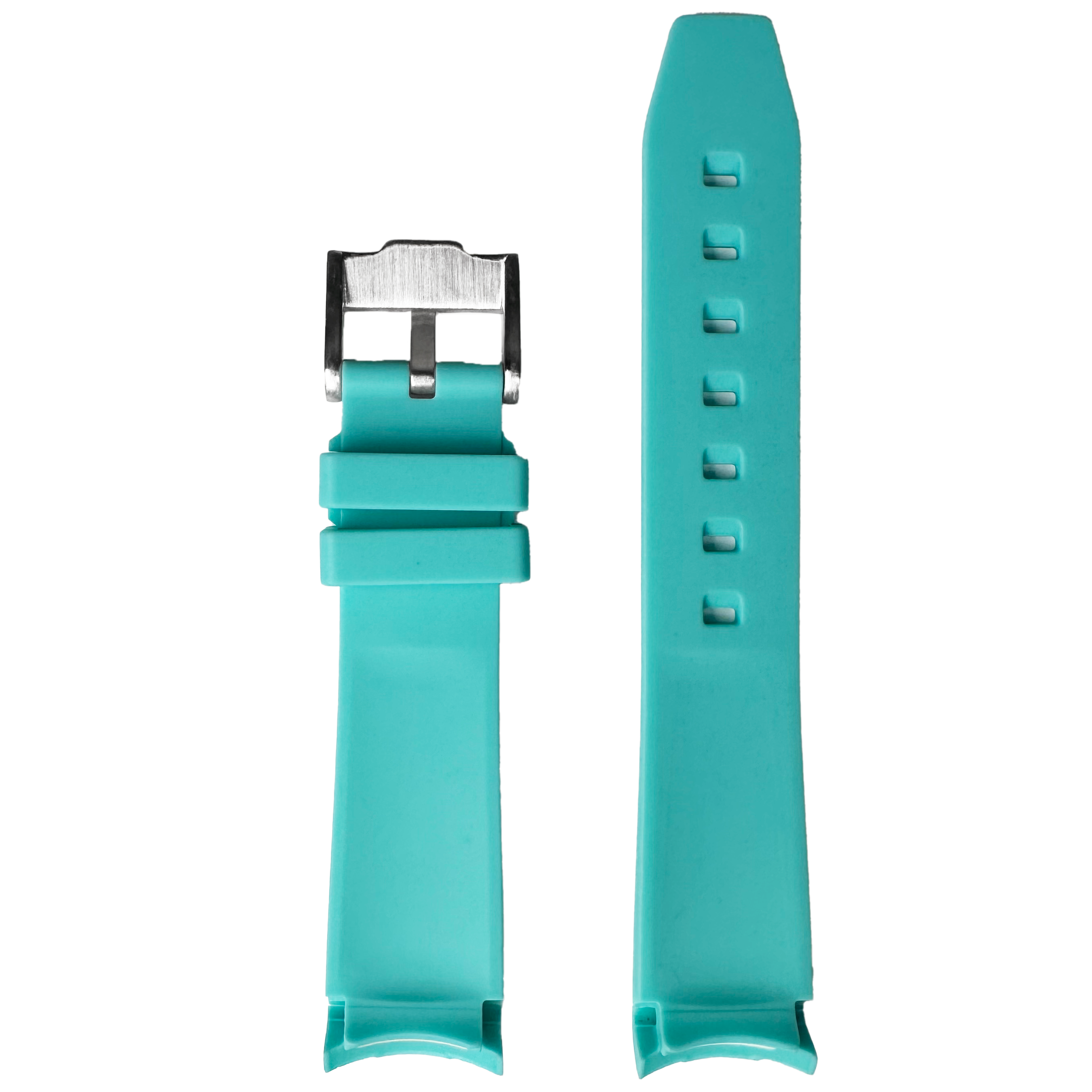 Turquoise rubber watch band with stainless steel buckle, curved design for curved watch cases, adjustment holes visible