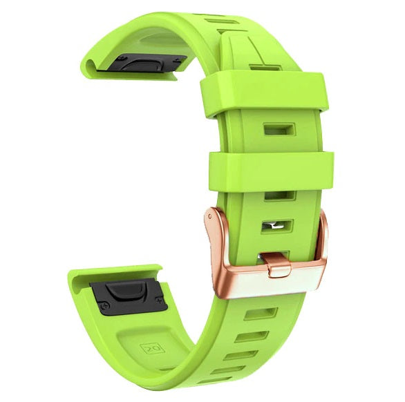 Lime green silicone smartwatch band with rose gold buckle hardware, quick-fit 20mm connector, featuring ventilation holes and flexible design