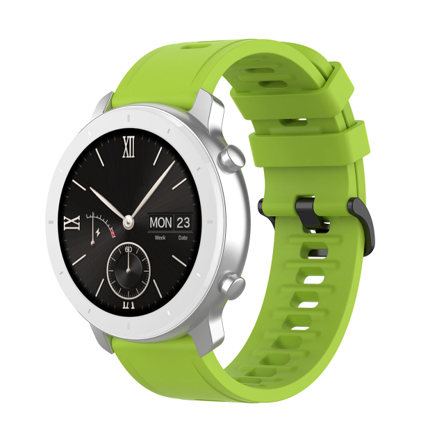Silver smartwatch with black dial and lime green silicone band featuring quick release mechanism and black hardware