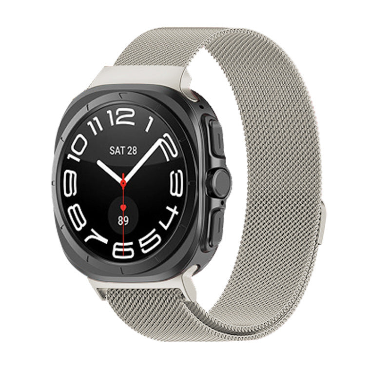 Smartwatch with black square face and white numerals, silver stainless steel Milanese mesh band, displaying date and time
