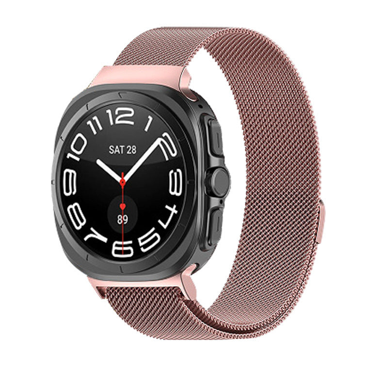 Galaxy Watch Ultra with rose gold Milanese loop band and black square dial display