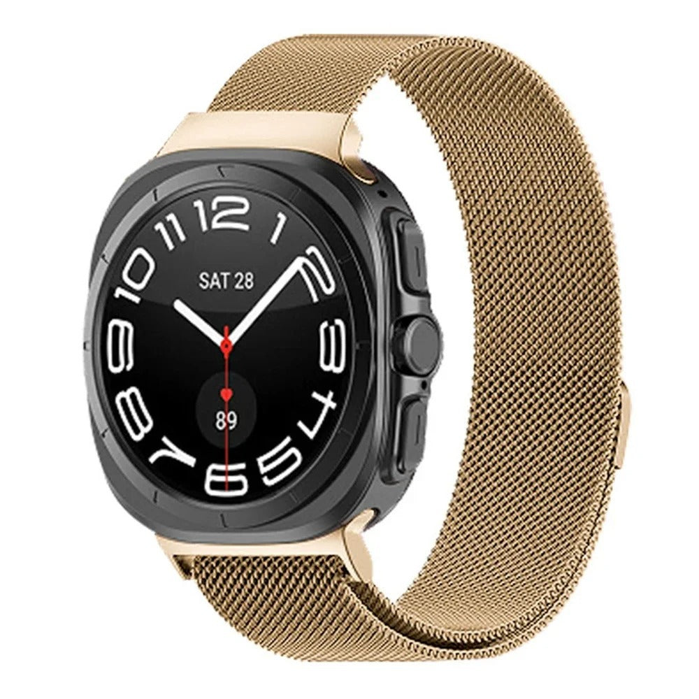 Black Galaxy Watch Ultra with gold Milanese mesh band, analog dial and chronograph subdial