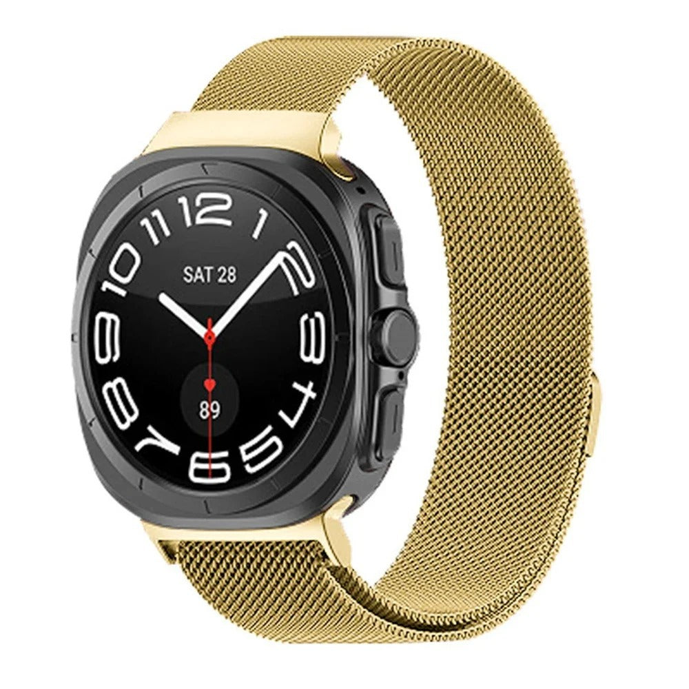 Gold milanese mesh band smartwatch with black square dial and white numerals