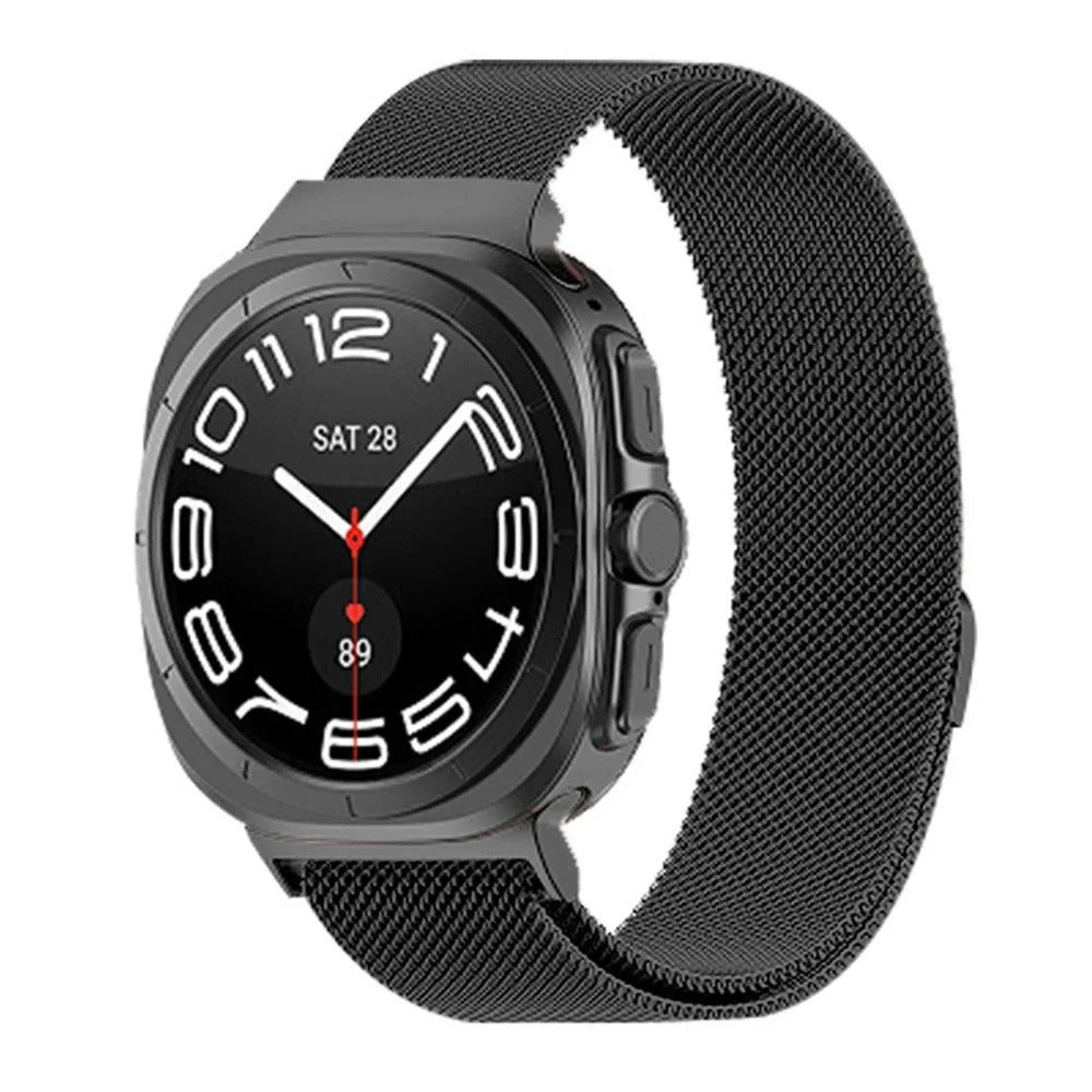Black stainless steel smartwatch with black Milanese mesh band, digital display showing date and time