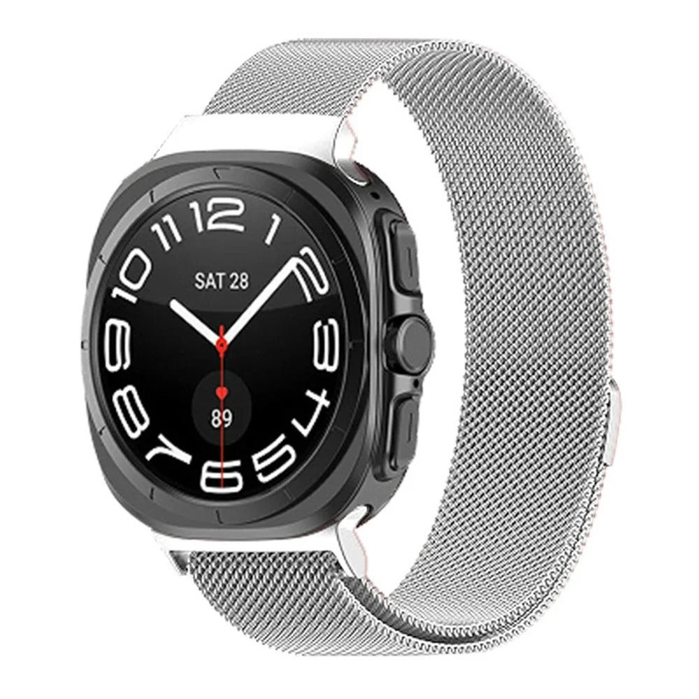 Black smartwatch with square face and silver mesh band, showing date and time display on black dial