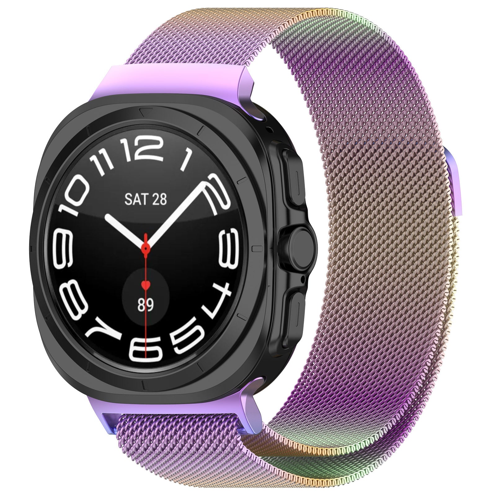 Square smartwatch with black dial and white numerals featuring purple and iridescent mesh metal band with magnetic clasp closure