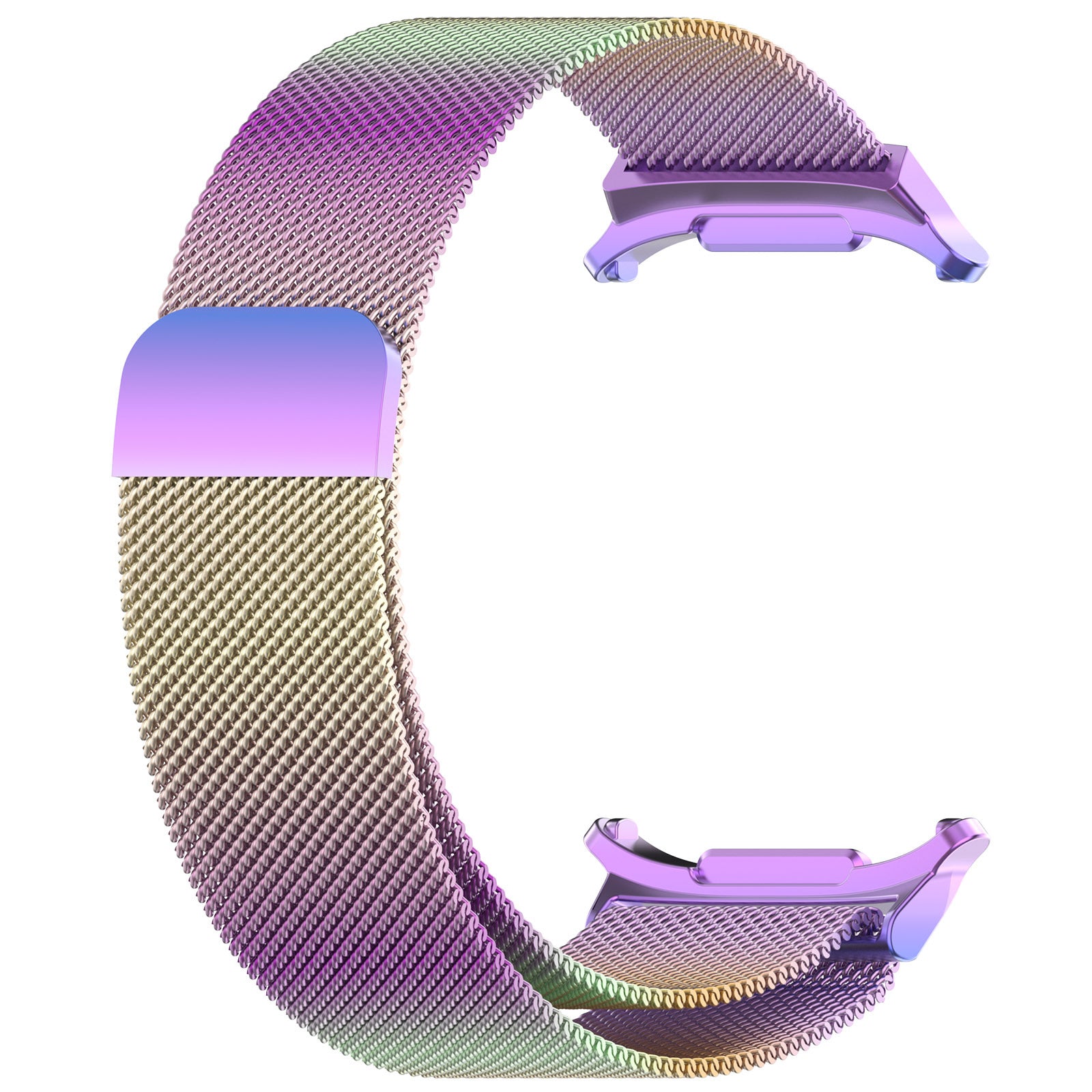 Colorful Milanese mesh watch band with purple clasp for Galaxy Watch Ultra, featuring gradient purple and gold tones