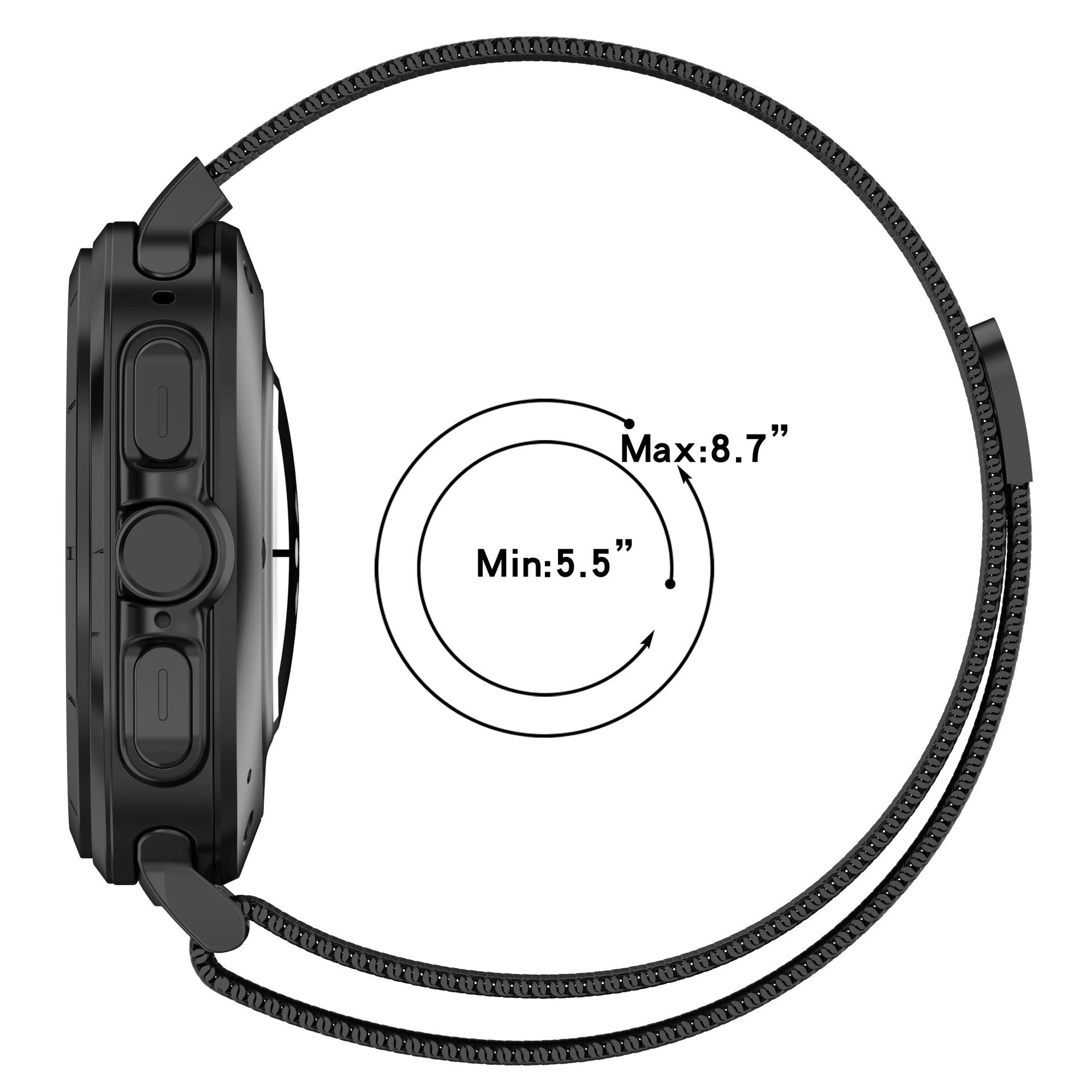 Black Galaxy Watch Ultra with adjustable Milanese loop band, fits wrist sizes 5.5 to 8.7 inches