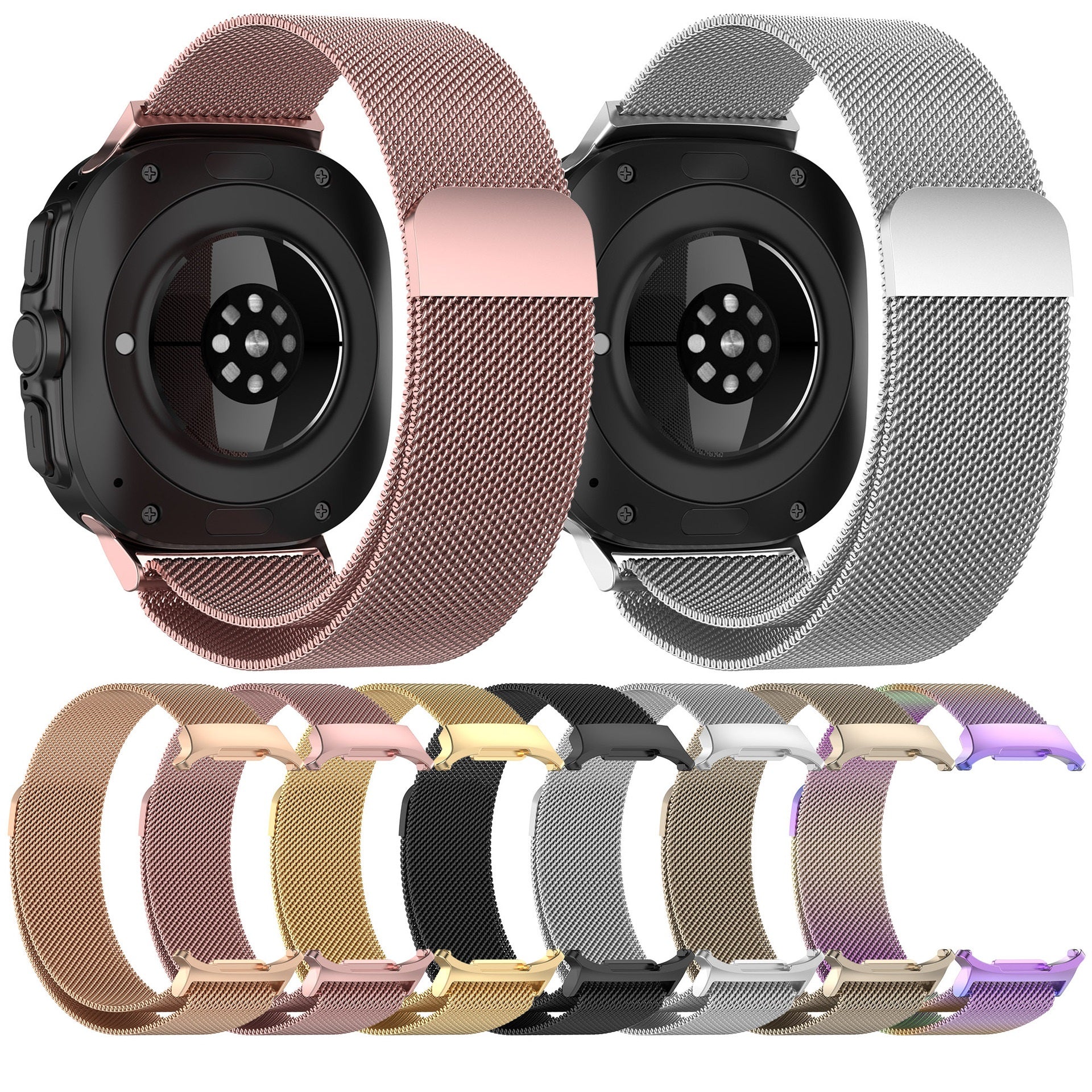 Galaxy Watch Ultra with interchangeable Milanese loop bands in rose gold, silver, black, gold, and purple color options
