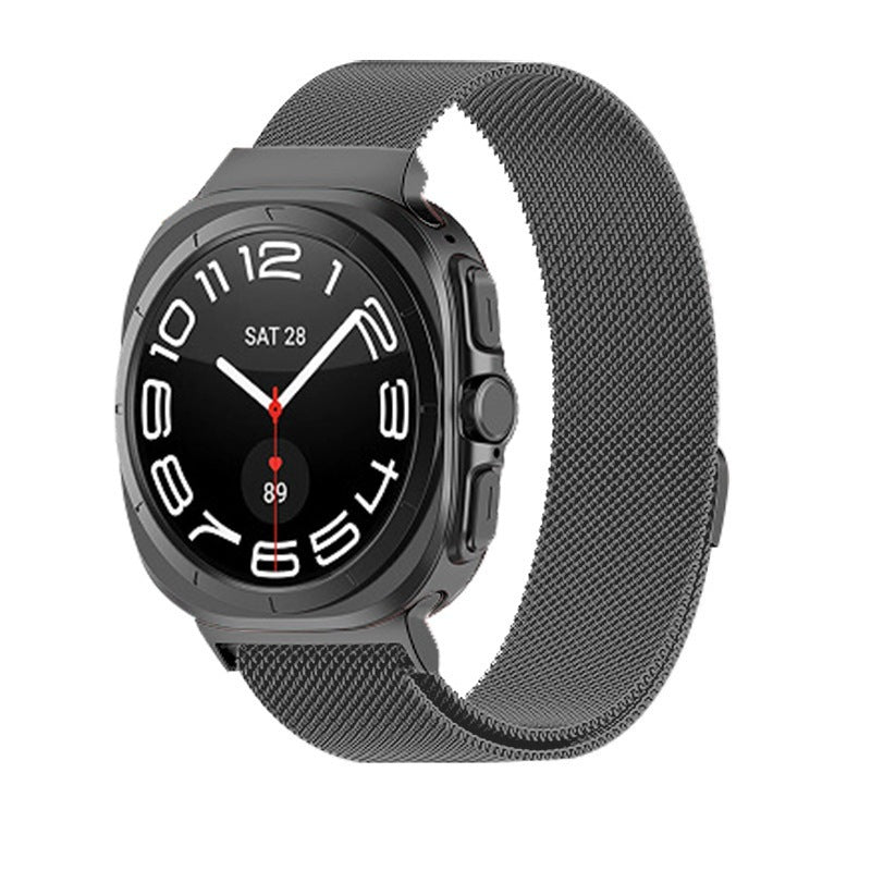 Black Galaxy Watch Ultra smartwatch with square face and matching gray Milanese mesh loop band