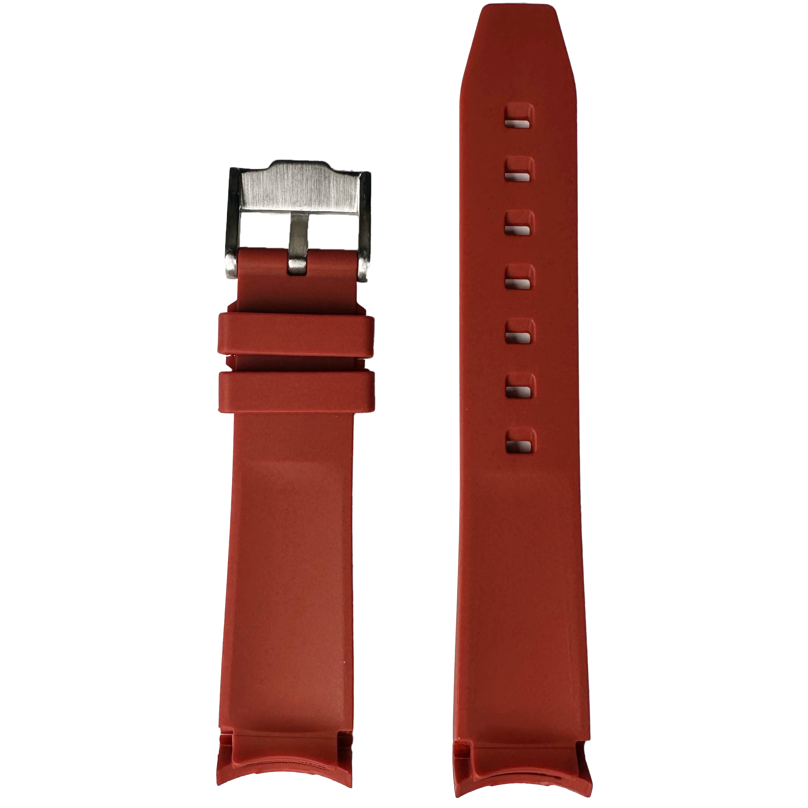 Maroon curved rubber watch band with metal buckle and adjustment holes, shown assembled and unassembled