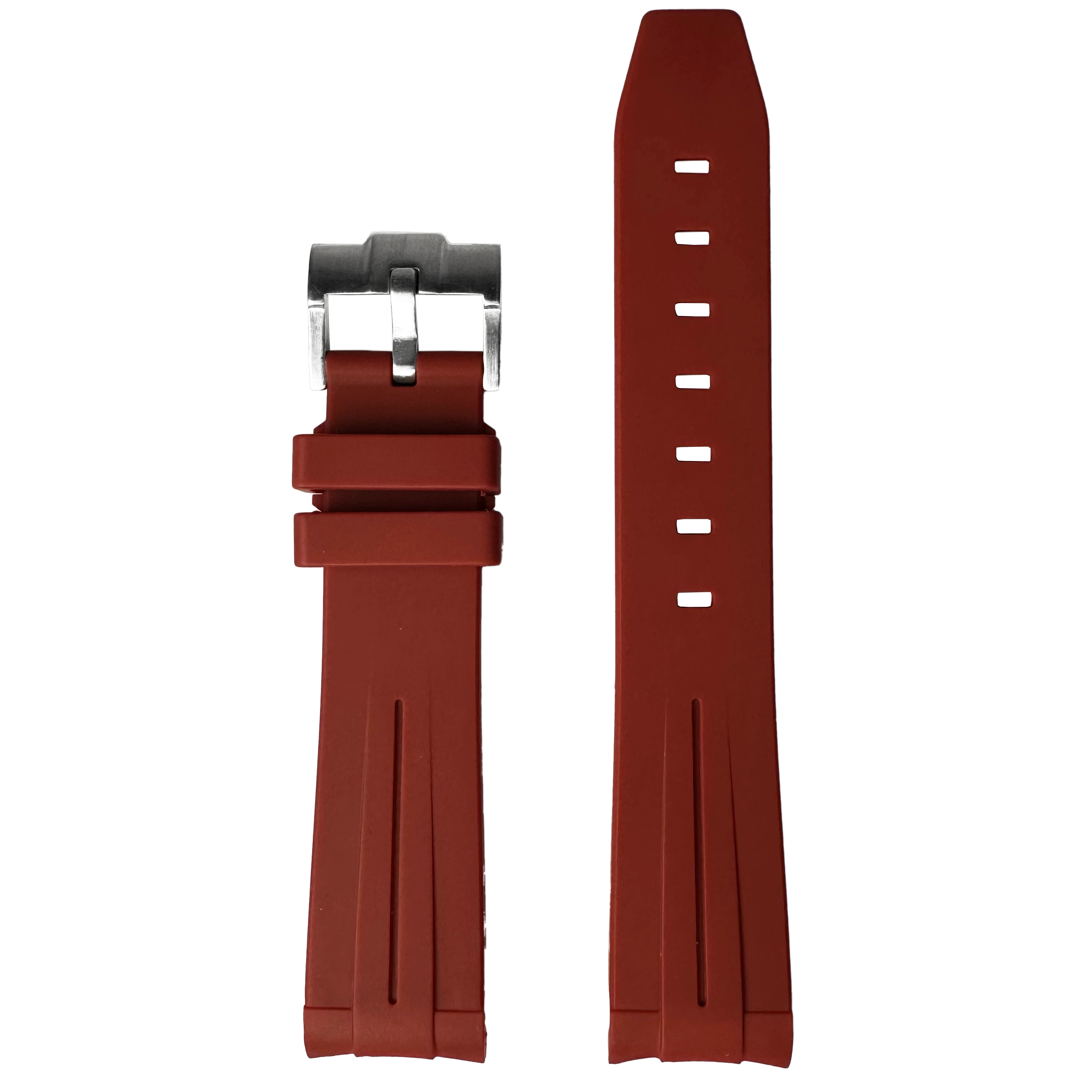 Red rubber watch band with buckle and adjustment holes, front and back view