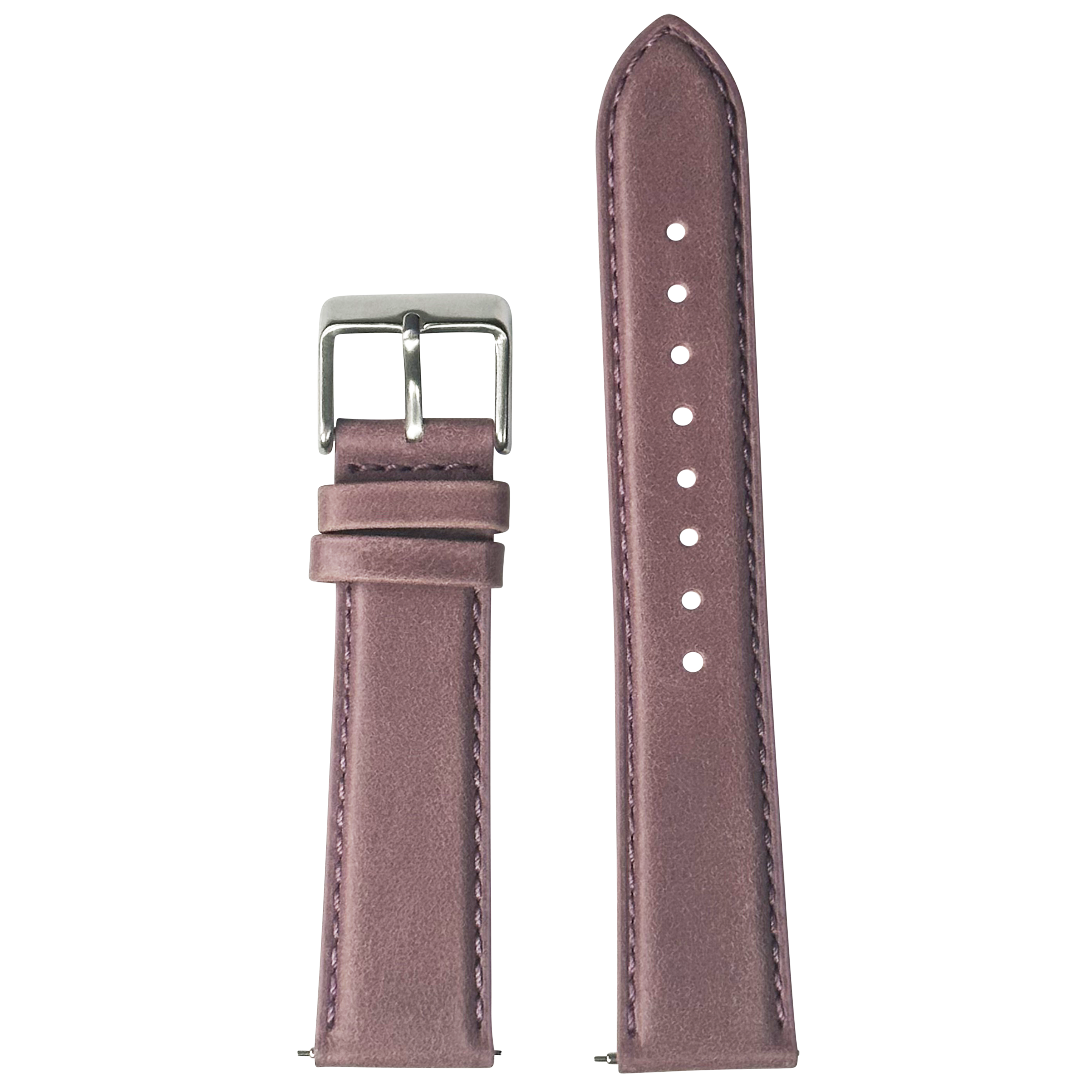 Mauve padded leather watch strap with silver buckle, 20mm quickfit band with white stitching