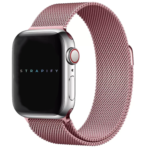 Rose pink Milanese loop band for Apple Watch with magnetic closure and woven mesh design