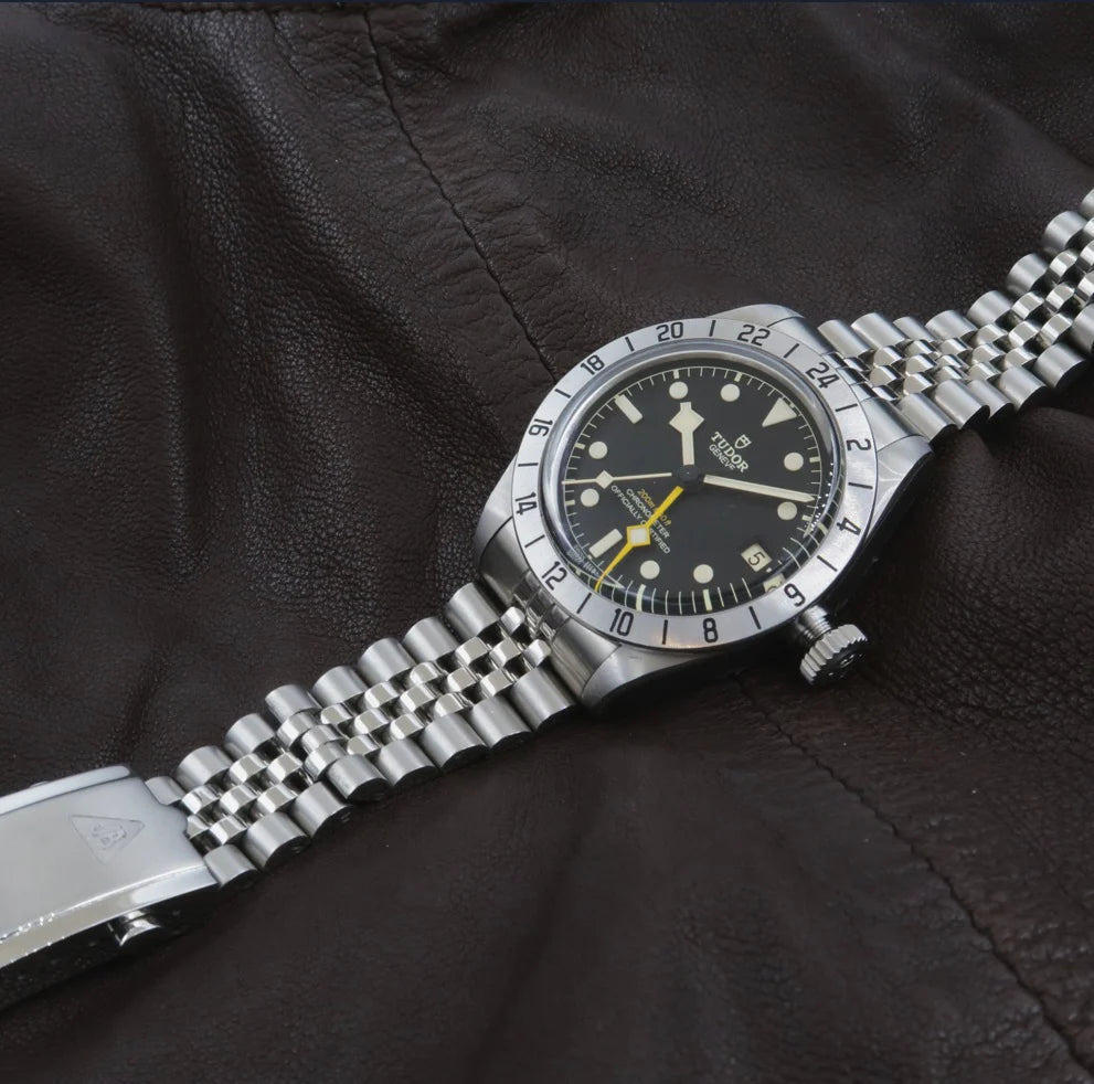 Forstner Model J Tudor Black Bay Pro stainless steel dive watch with black dial and GMT bezel on jubilee bracelet