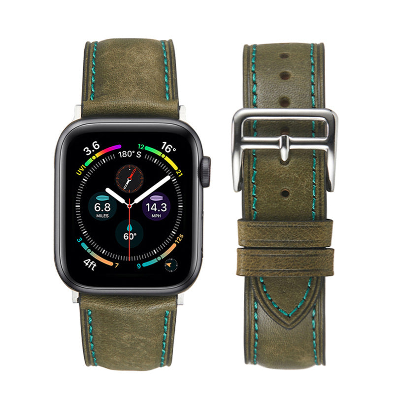 Modern Italian olive leather smartwatch band with turquoise stitching, compatible with Apple Watch, shown front and back view